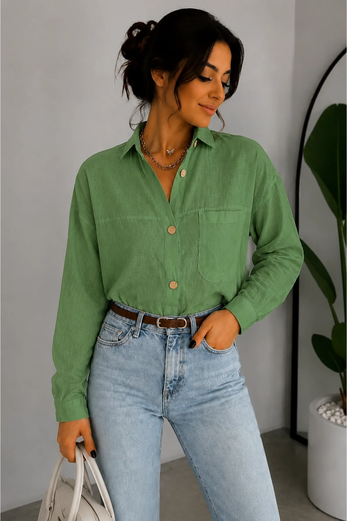 Kadın Yağ Yeşili Pamuklu Keten Tek Cepli Bohem Pinterest Oversize Gömlek