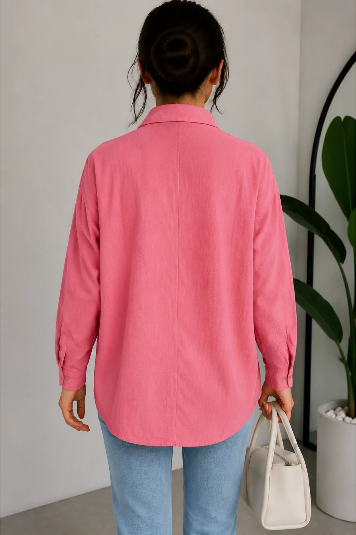 Kadın Pembe Pamuklu Keten Tek Cepli Bohem Pinterest Oversize Gömlek