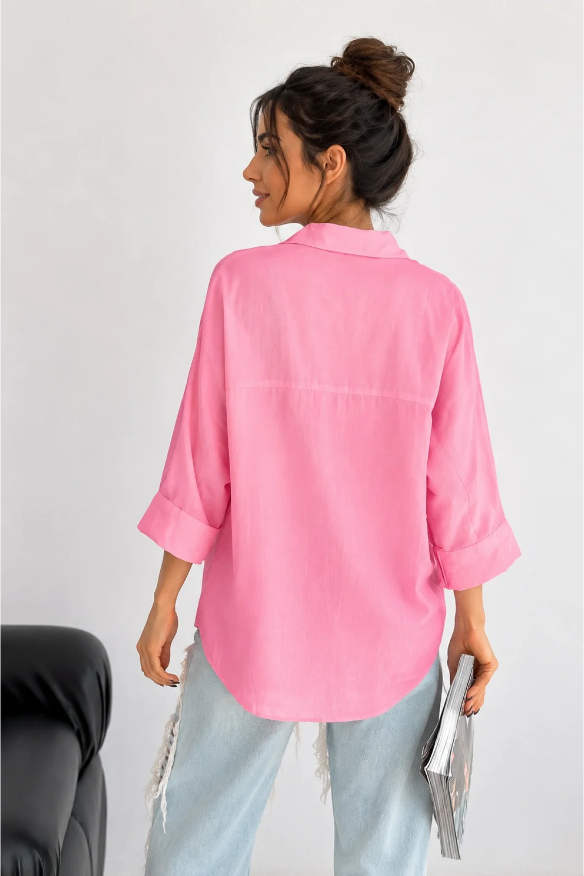 Kadın Pembe Pamuklu Oversize Fakir Kol Gömlek Geniş Kalıp Salaş Bluz