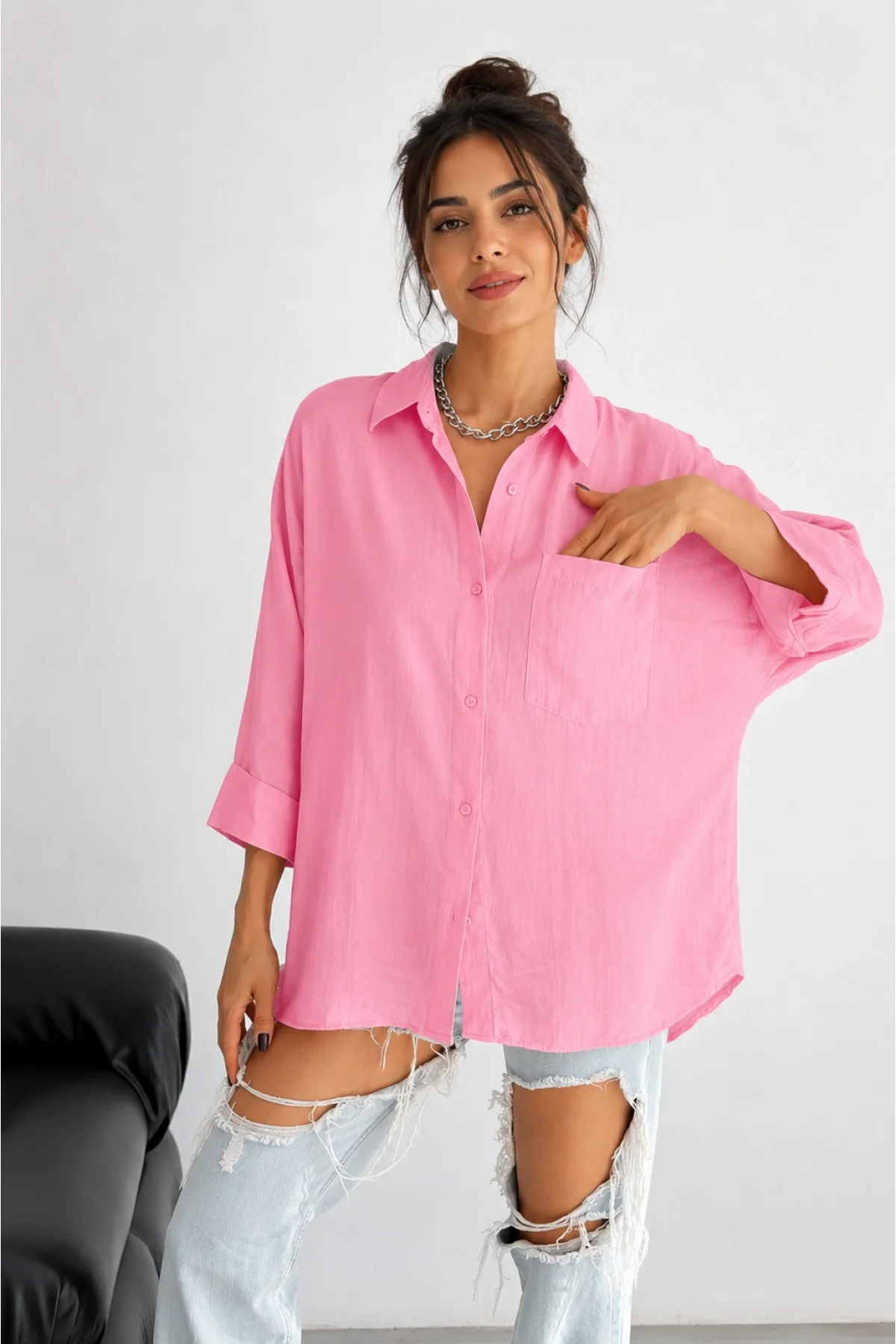 Kadın Pembe Pamuklu Oversize Fakir Kol Gömlek Geniş Kalıp Salaş Bluz