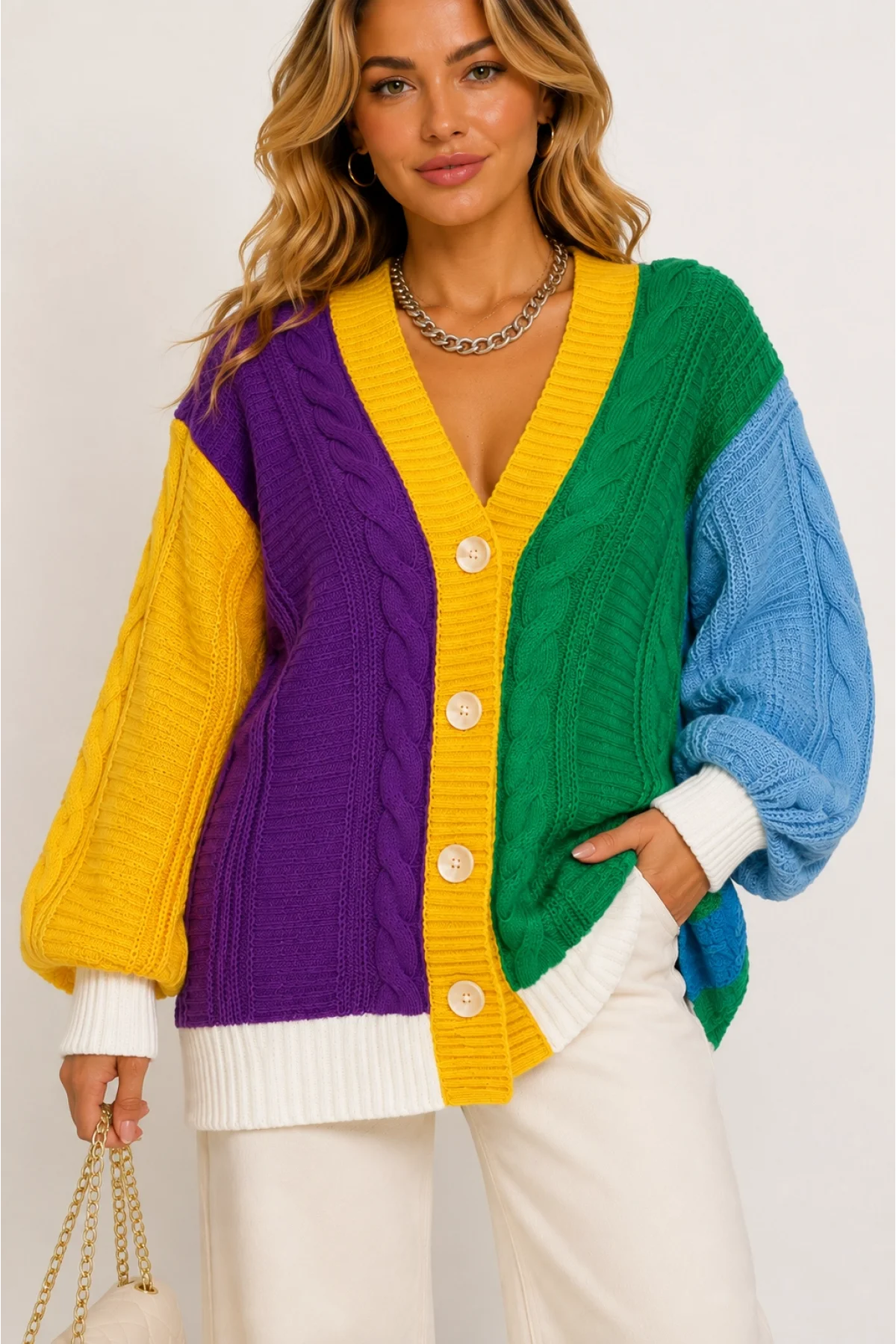 Kadın Renk Bloklu Pamuklu Triko Oversize Pinterest Hırka