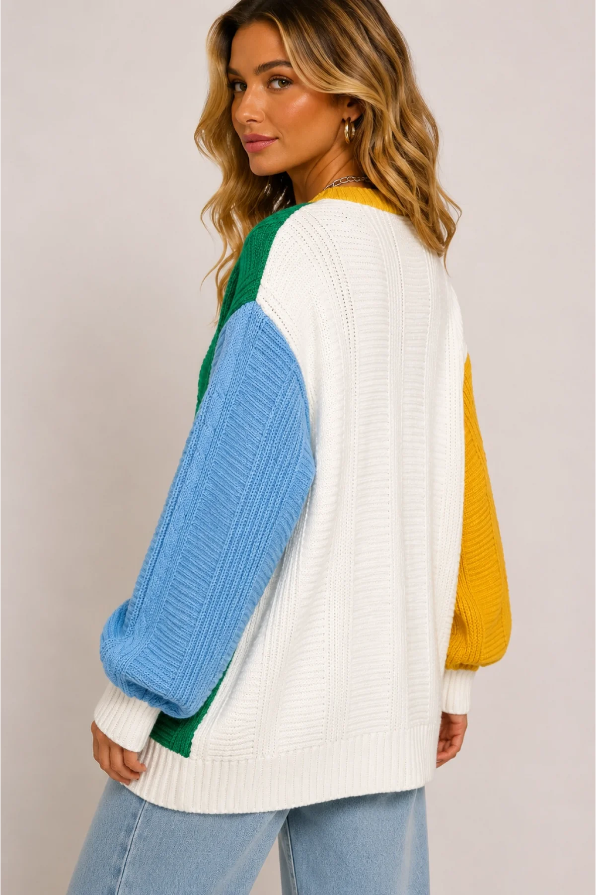 Kadın Renk Bloklu Pamuklu Triko Oversize Pinterest Hırka
