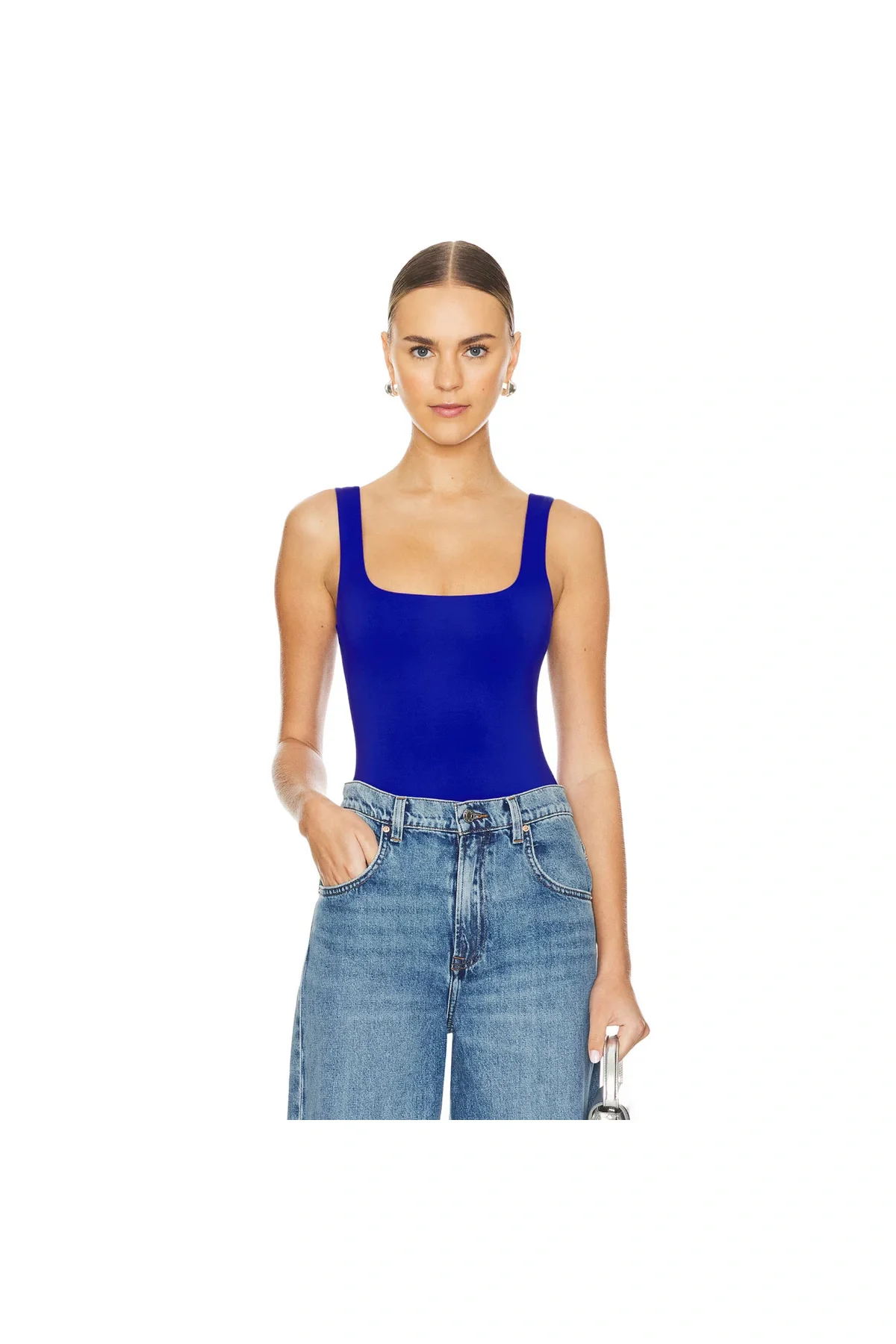 Kadın Saks Mavisi Sıfır Kol Çift Kat İpek Jarse Bodysuit K34