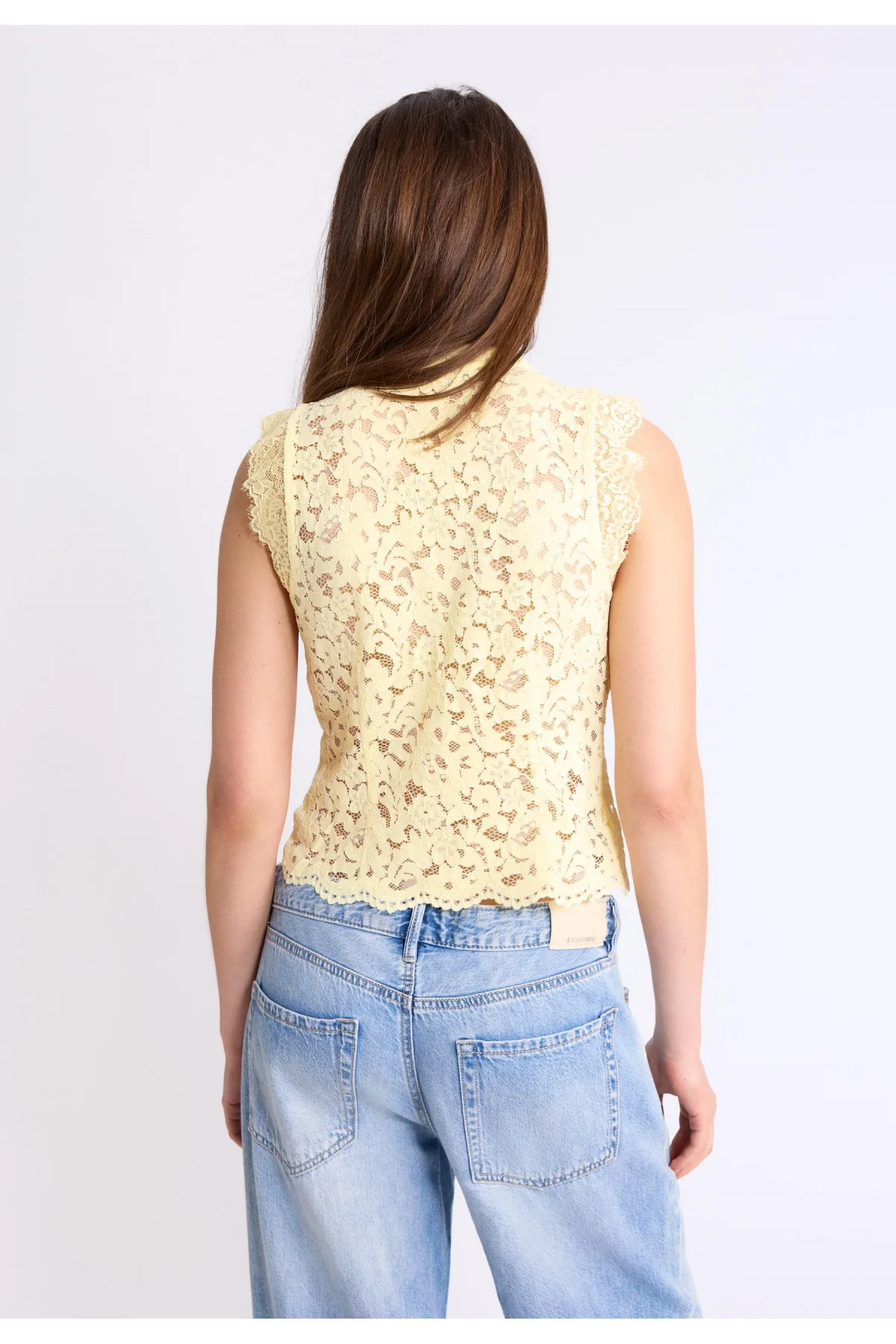 Kadın Sarı Dik Yaka Dantelli Çin Düğmeli Bohem Yelek Crop Bluz