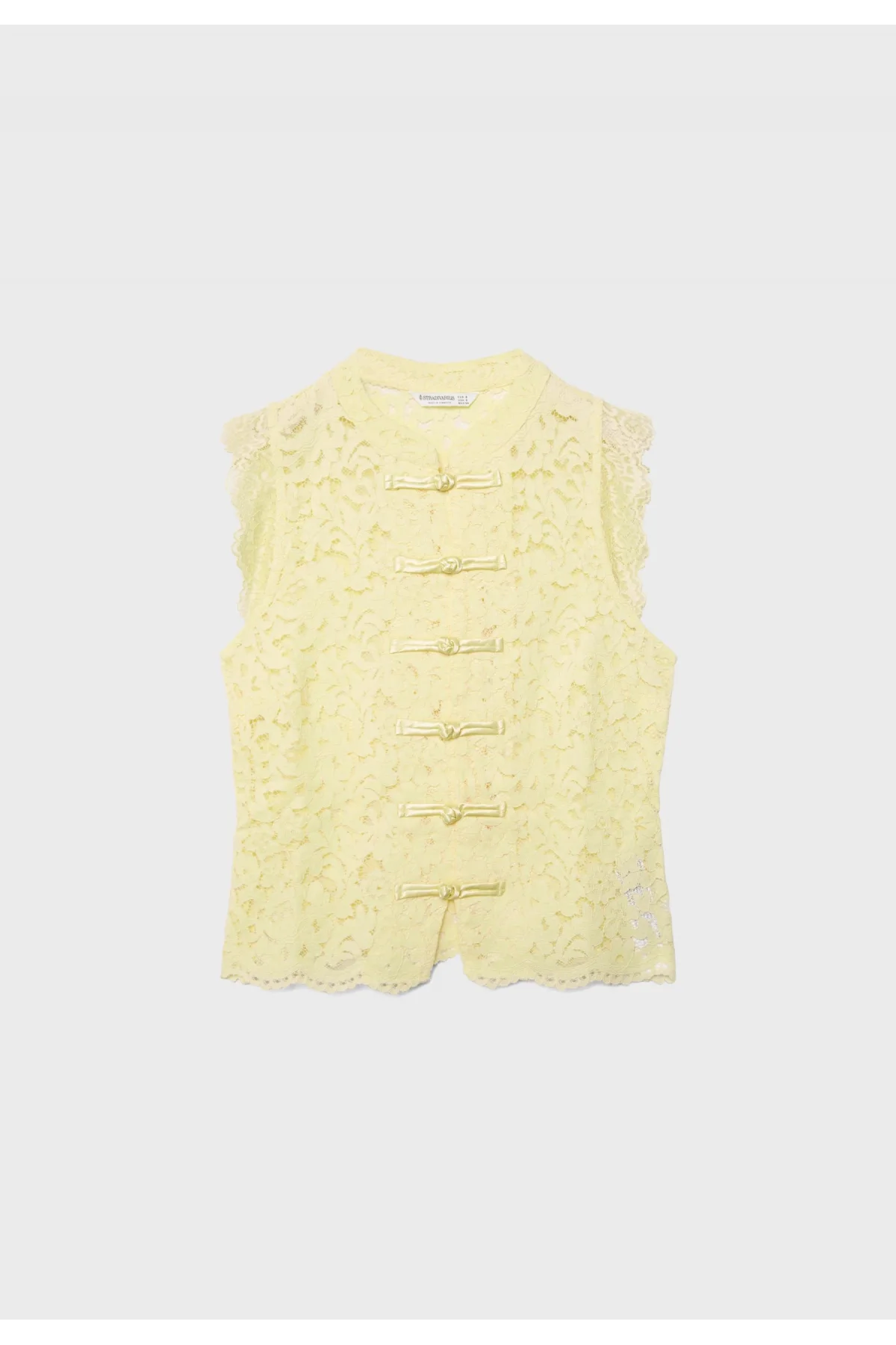 Kadın Sarı Dik Yaka Dantelli Çin Düğmeli Bohem Yelek Crop Bluz