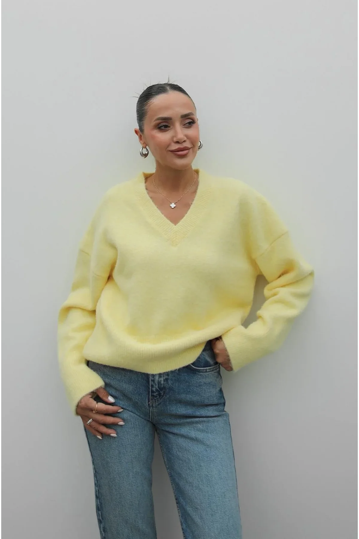 Kadın Sarı Pamuklu V Yaka Oversize Basic Triko Pinterest Kazak