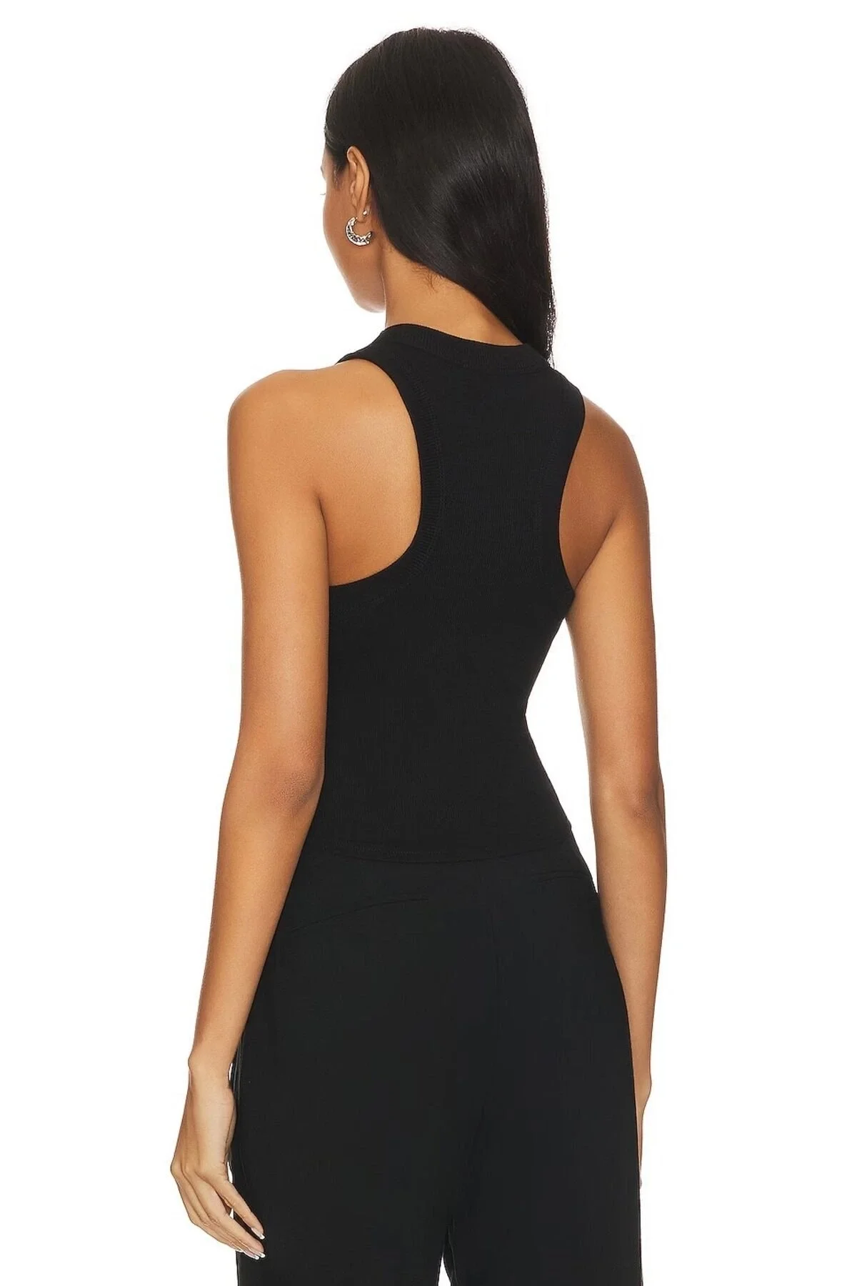 Kadın Siyah Bisiklet Yaka Sıfır Kol Çift Katlı Sandy Kumaş Crop Bluz