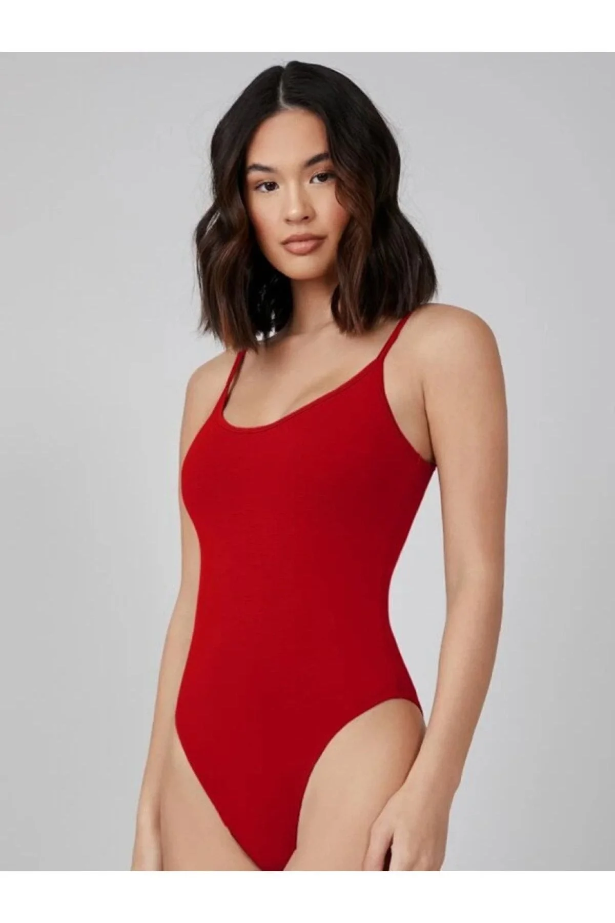 Kadın Sıfır Kol İp Askılı Kırmızı İpek Jarse Bodysuit