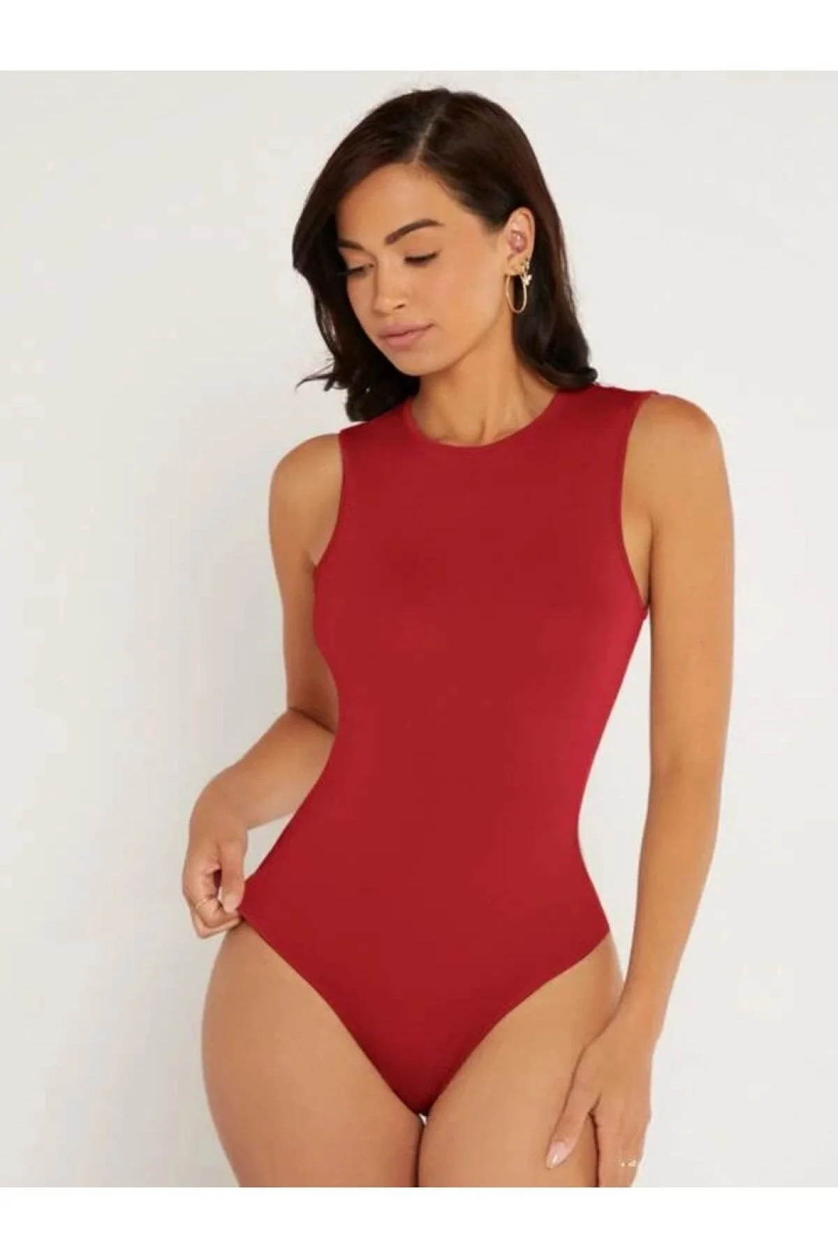 Kadın Kırmızı Bisiklet Yaka Sıfır Kol Çift Katlı Sandy Kumaş Çıtçıtlı Bodysuit
