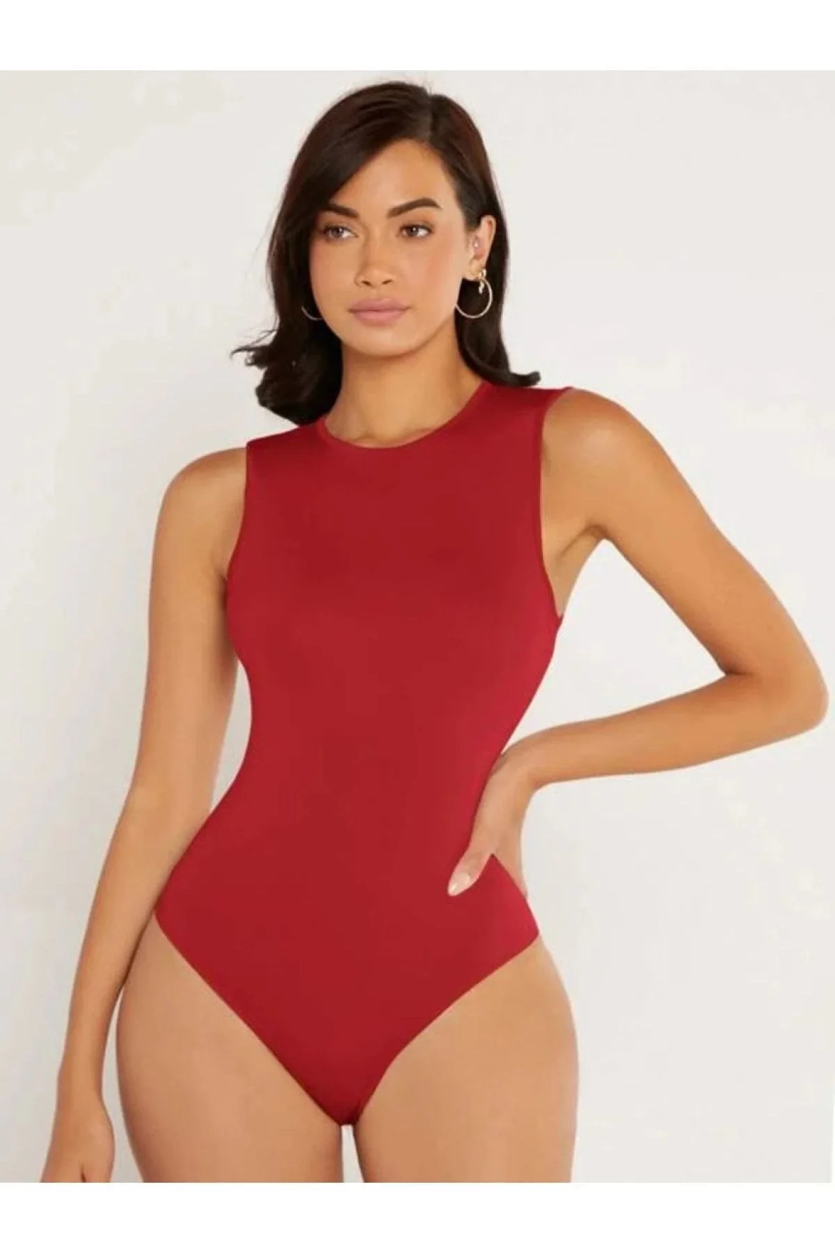 Kadın Kırmızı Bisiklet Yaka Sıfır Kol Çift Katlı Sandy Kumaş Çıtçıtlı Bodysuit