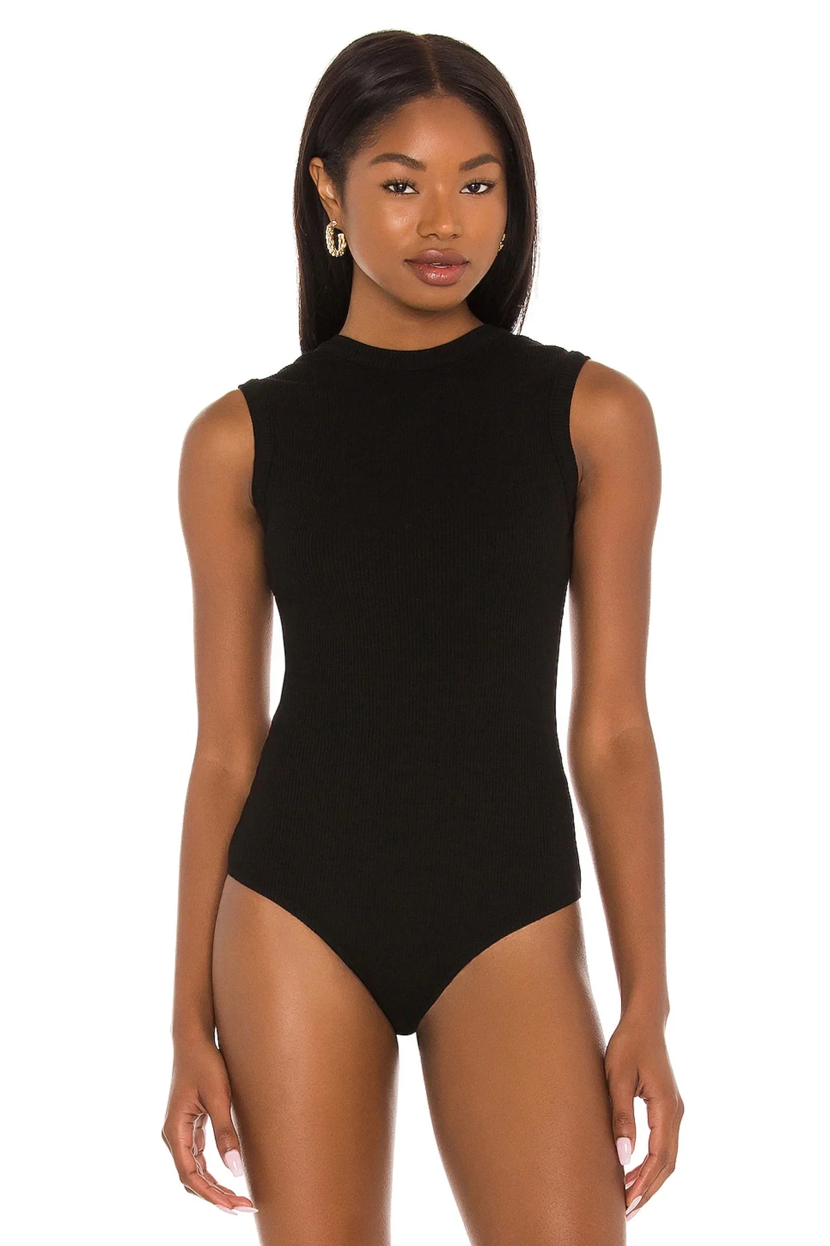 Kadın Siyah Sırtı V Dekolteli Yüksek Yaka Kolsuz Tanga Çıtçıtlı Bodysuit