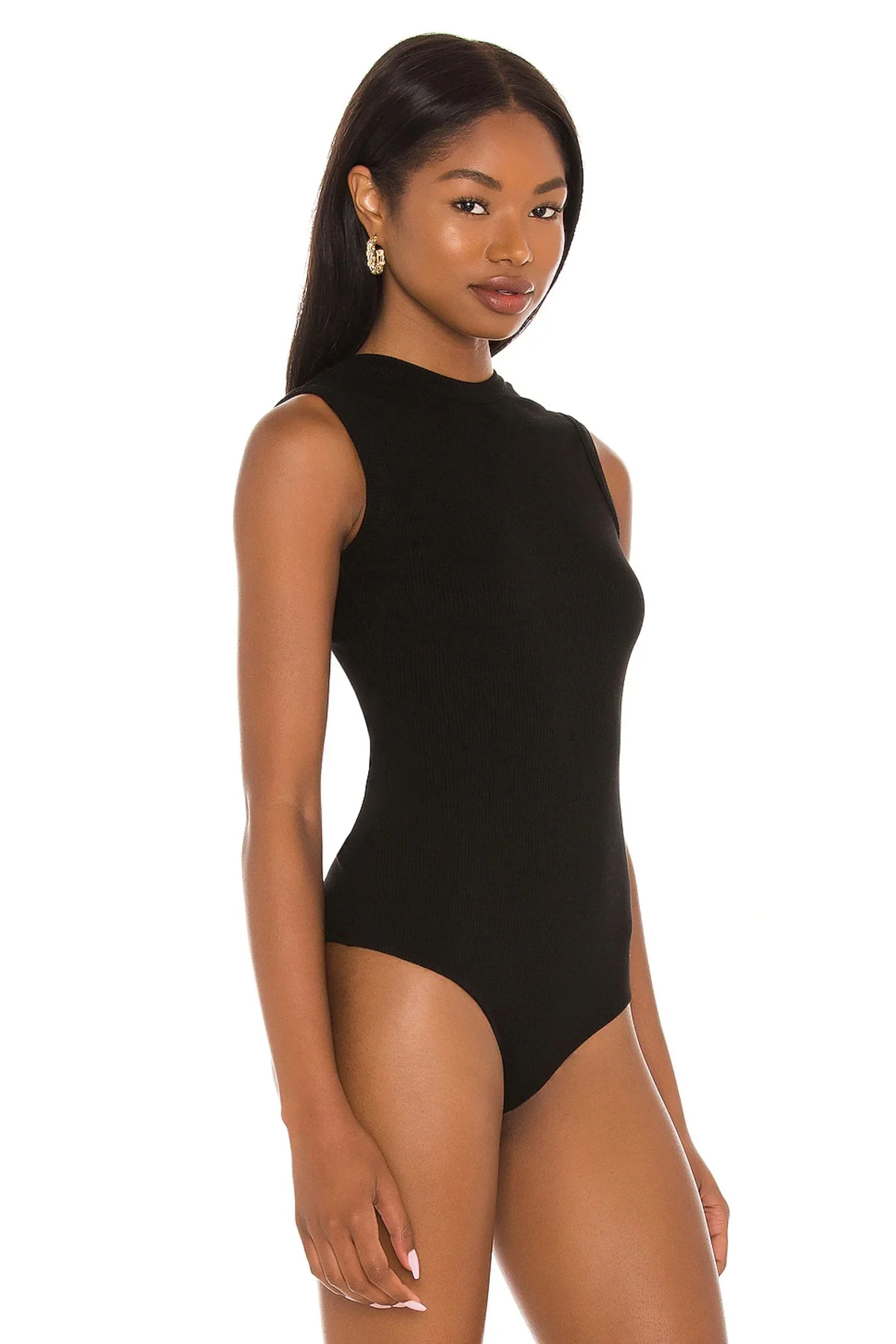 Kadın Siyah Sırtı V Dekolteli Yüksek Yaka Kolsuz Tanga Çıtçıtlı Bodysuit