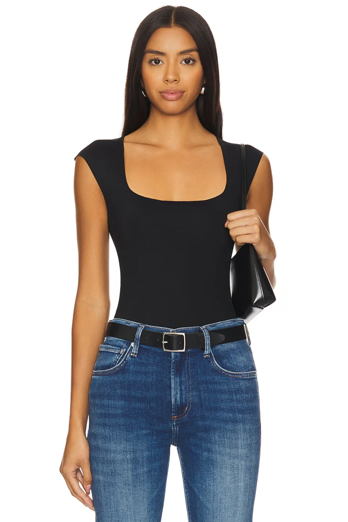 Kadın Siyah Sandy Kumaş Kare Yaka Kısa Kol Çıtçıtlı Tanga Bodysuit