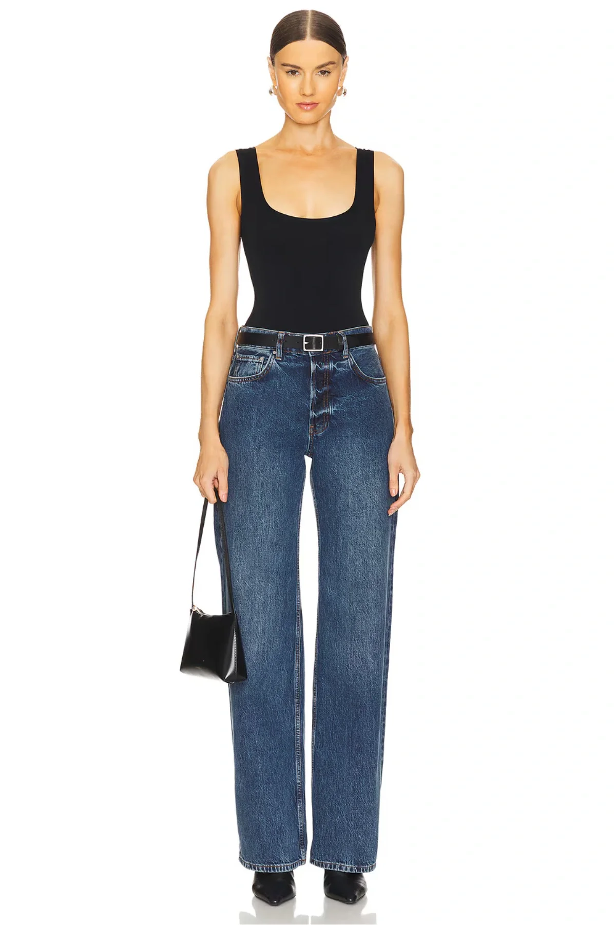 Kadın Siyah Çift Katlı Sandy Kumaş U Yaka Kalın Askılı Çıtçıtlı Tanga Bodysuit