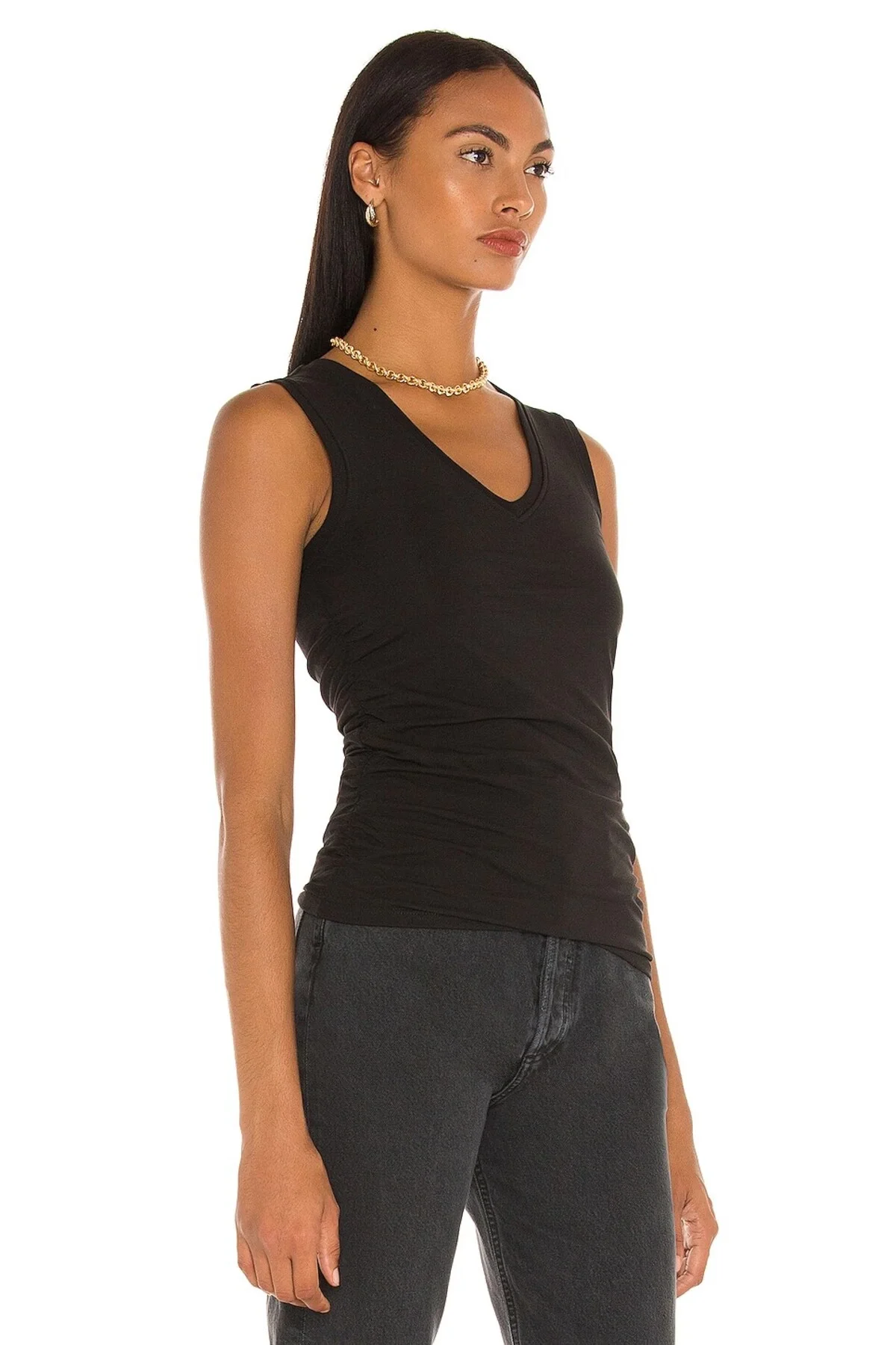 Kadın Siyah V Yaka Sıfır Kol Çift Katlı Sandy Kumaş Basic Atlet