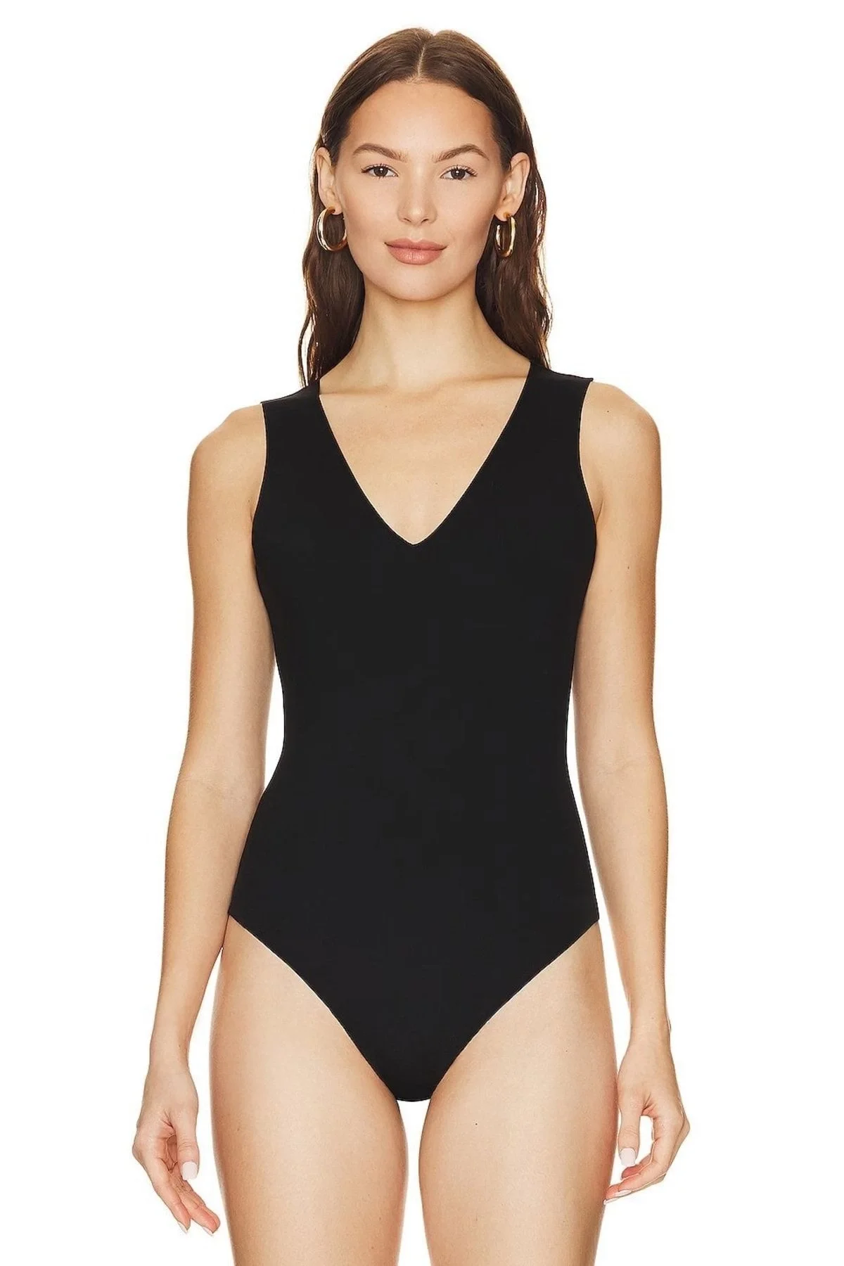 Kadın Siyah V Yaka Sıfır Kol Çift Katlı Sandy Kumaş Tanga Bodysuit