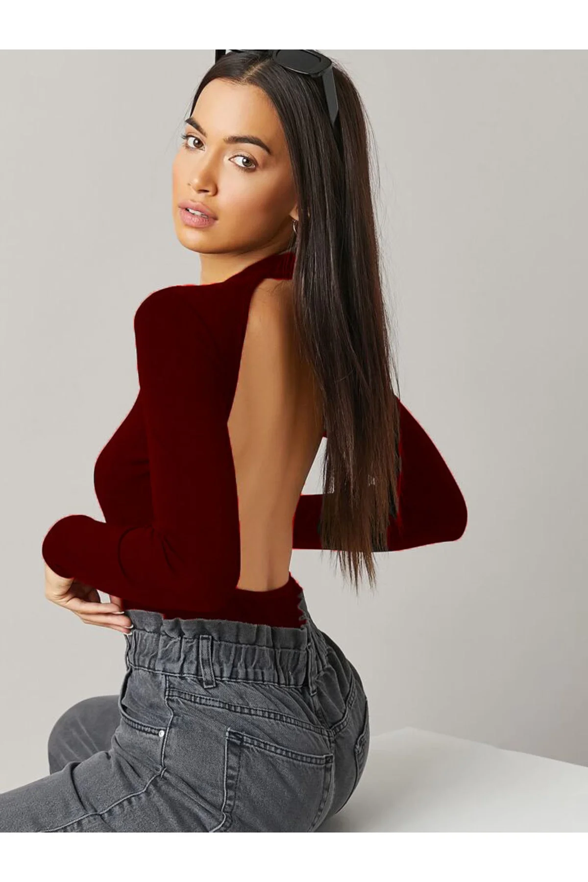 Kadın Bordo Sırt Dekolteli Bisiklet Yaka Uzun Kollu Sandy Kumaş Bodysuit Zıbın