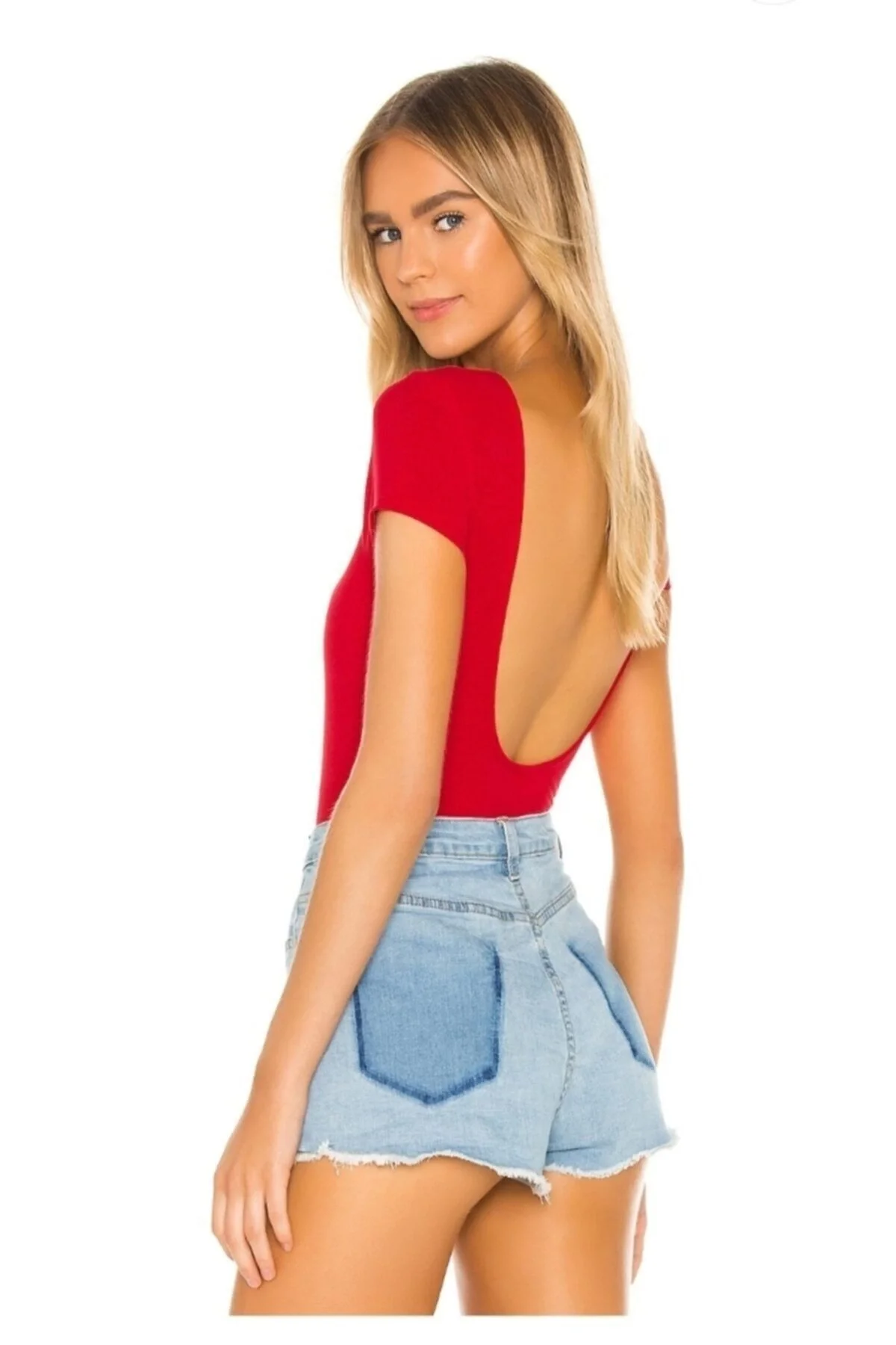 Kadın Kırmızı Çift Katlı Sandy Sırt Dekolteli U Yaka Kısa Kol Çıtçıtlı Bodysuit