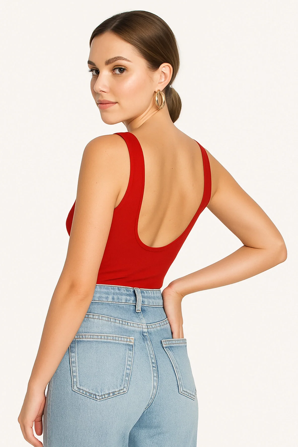 Kadın Kırmızı Sırt Dekolteli Kayık Yaka Sıfır Kol Jarse Kumaş Basic Bodysuit Zıbın