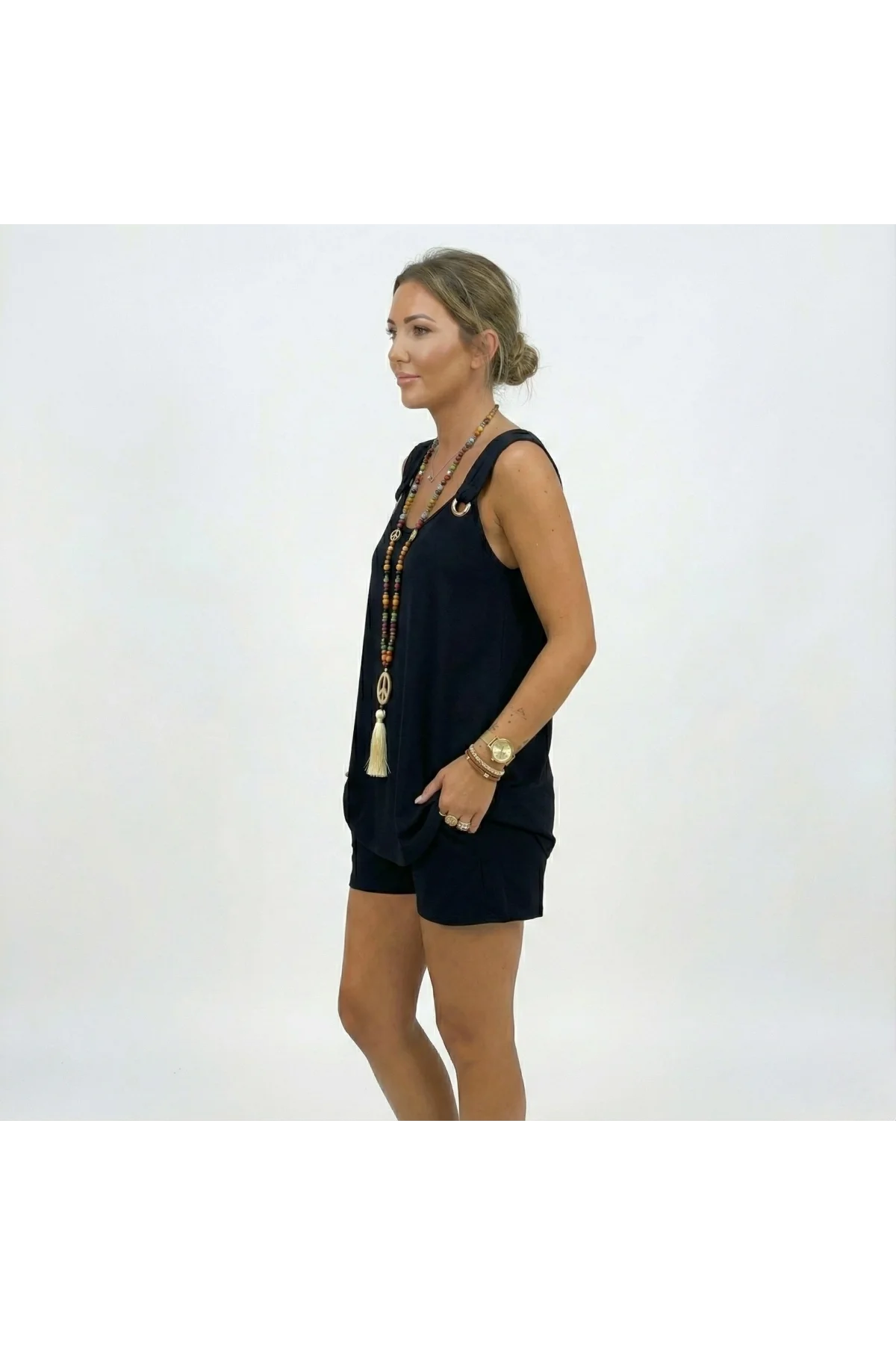 Kadın Siyah Ayrobin Kumaş Halka Detaylı Askılı Şortlu İkili Takım