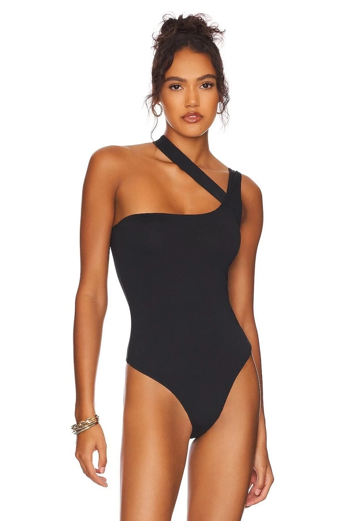 Kadın Siyah Çapraz Askılı Tek Omuz Bodysuit