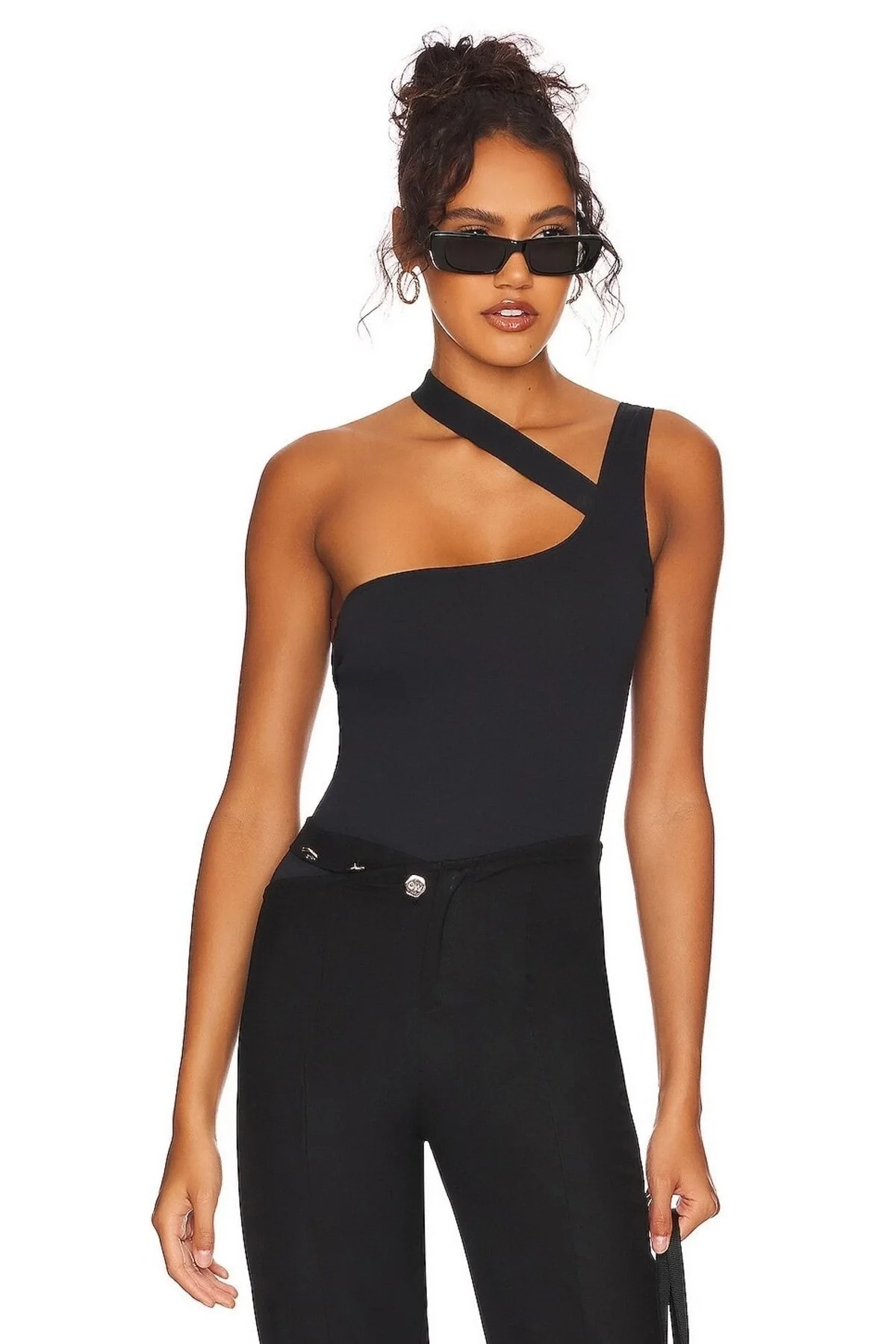 Kadın Siyah Çapraz Askılı Tek Omuz Bodysuit