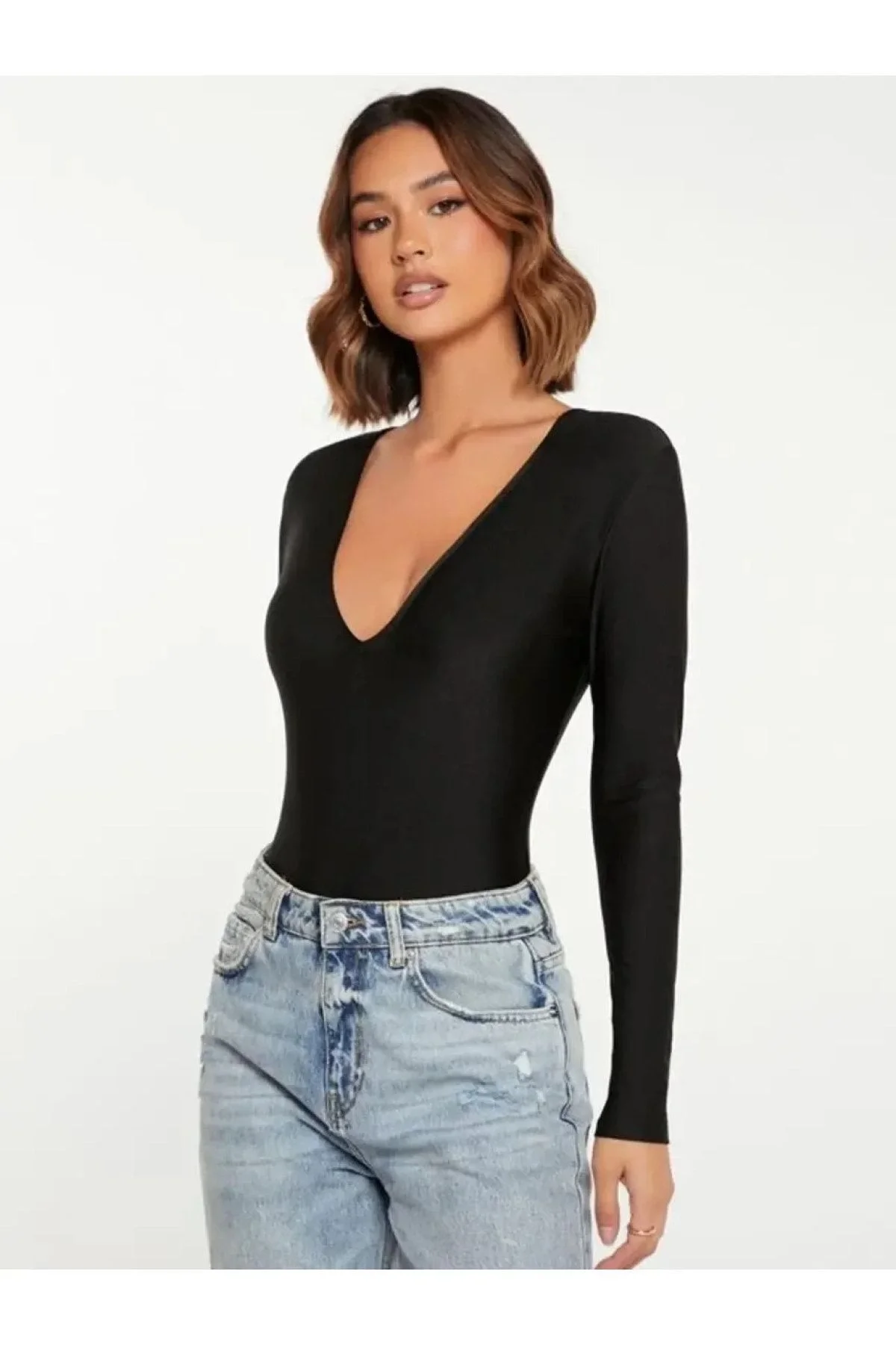 Kadın Siyah V Yaka Uzun Kollu El Geçirmeli Çift Katlı Basic Bodysuit