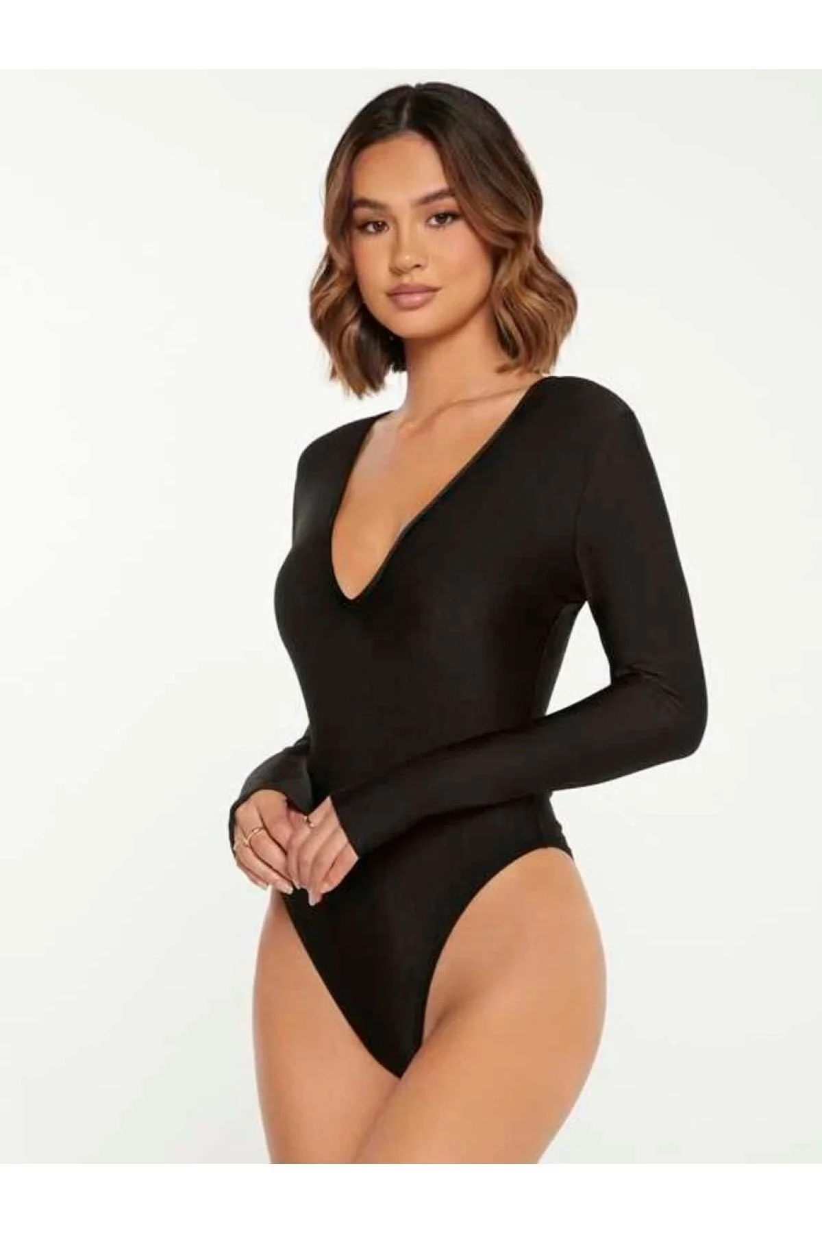 Kadın Siyah V Yaka Uzun Kollu El Geçirmeli Çift Katlı Basic Bodysuit