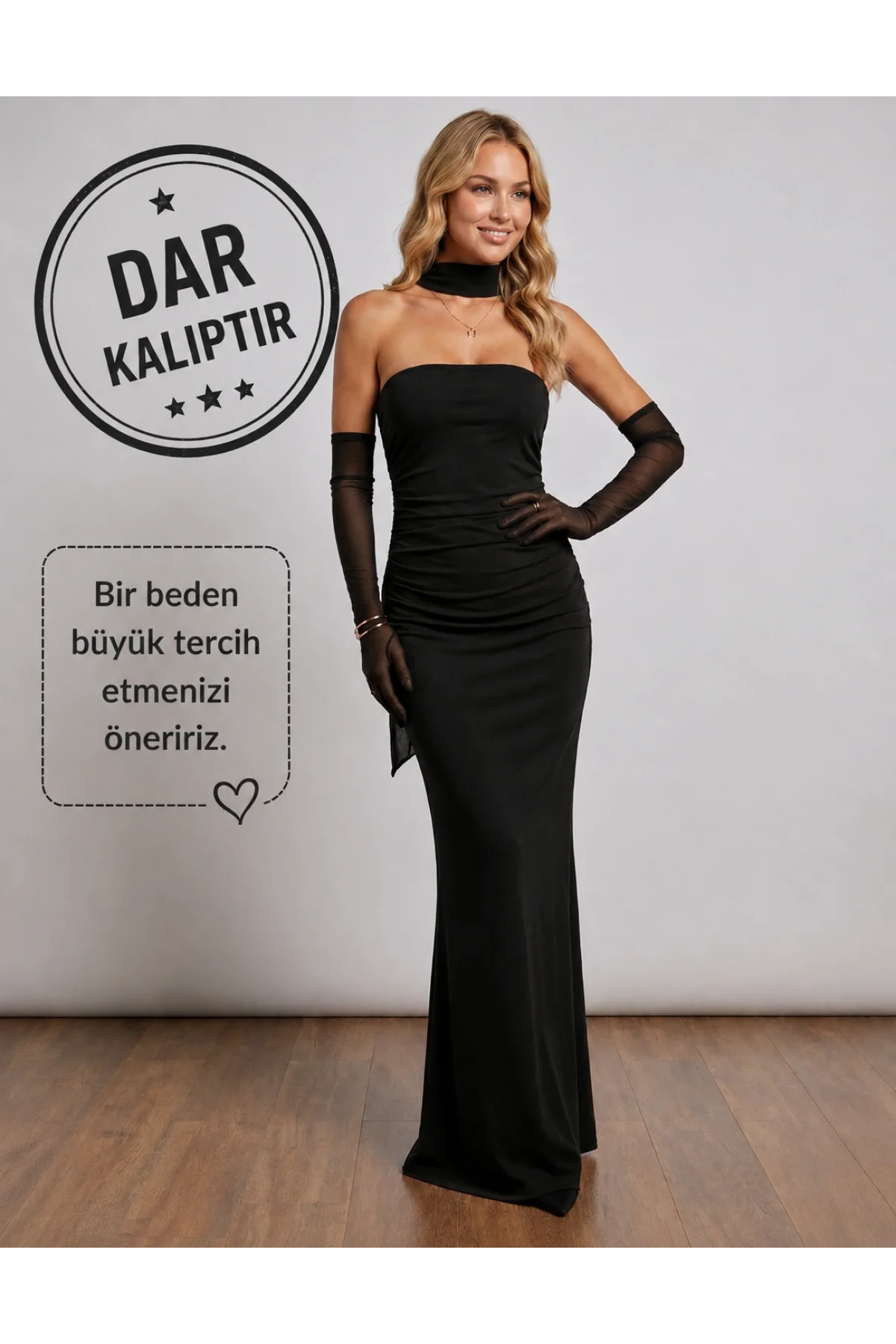 Kadın Siyah Eldivenli ve Fularlı Straplez Abiye Elbise Maxi Boy