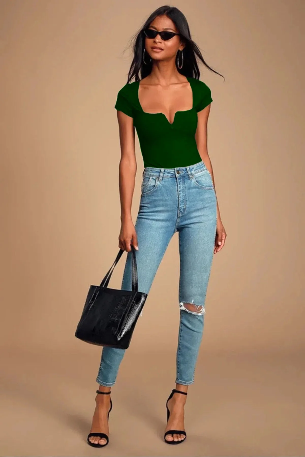 Kadın Yeşil V Detaylı Kare Yaka Kısa Kollu Jarse Kumaş Tanga Kesim Bodysuit Zıbın