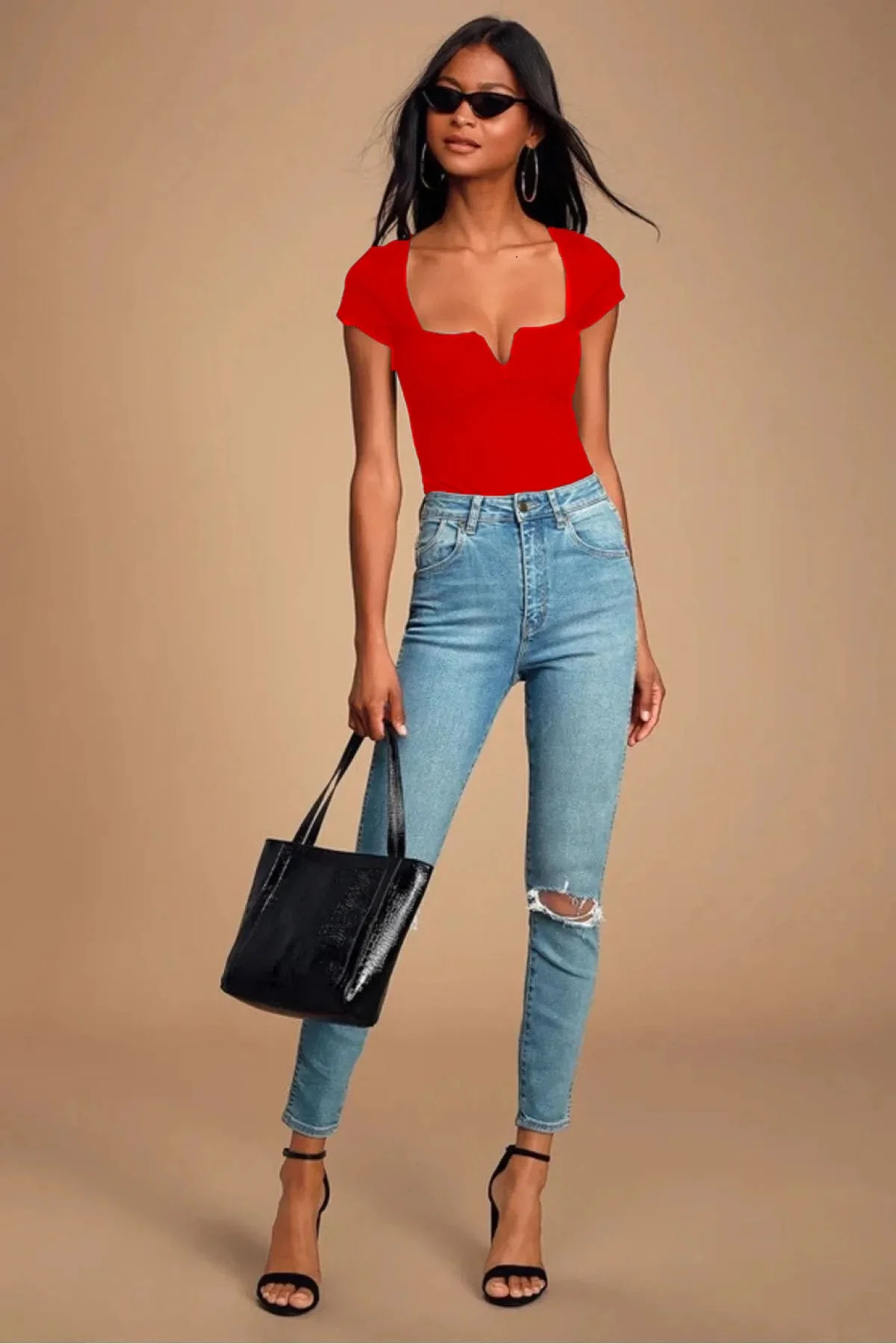 Kadın Kırmızı V Detaylı Kare Yaka Kısa Kollu Jarse Kumaş Tanga Kesim Bodysuit Zıbın