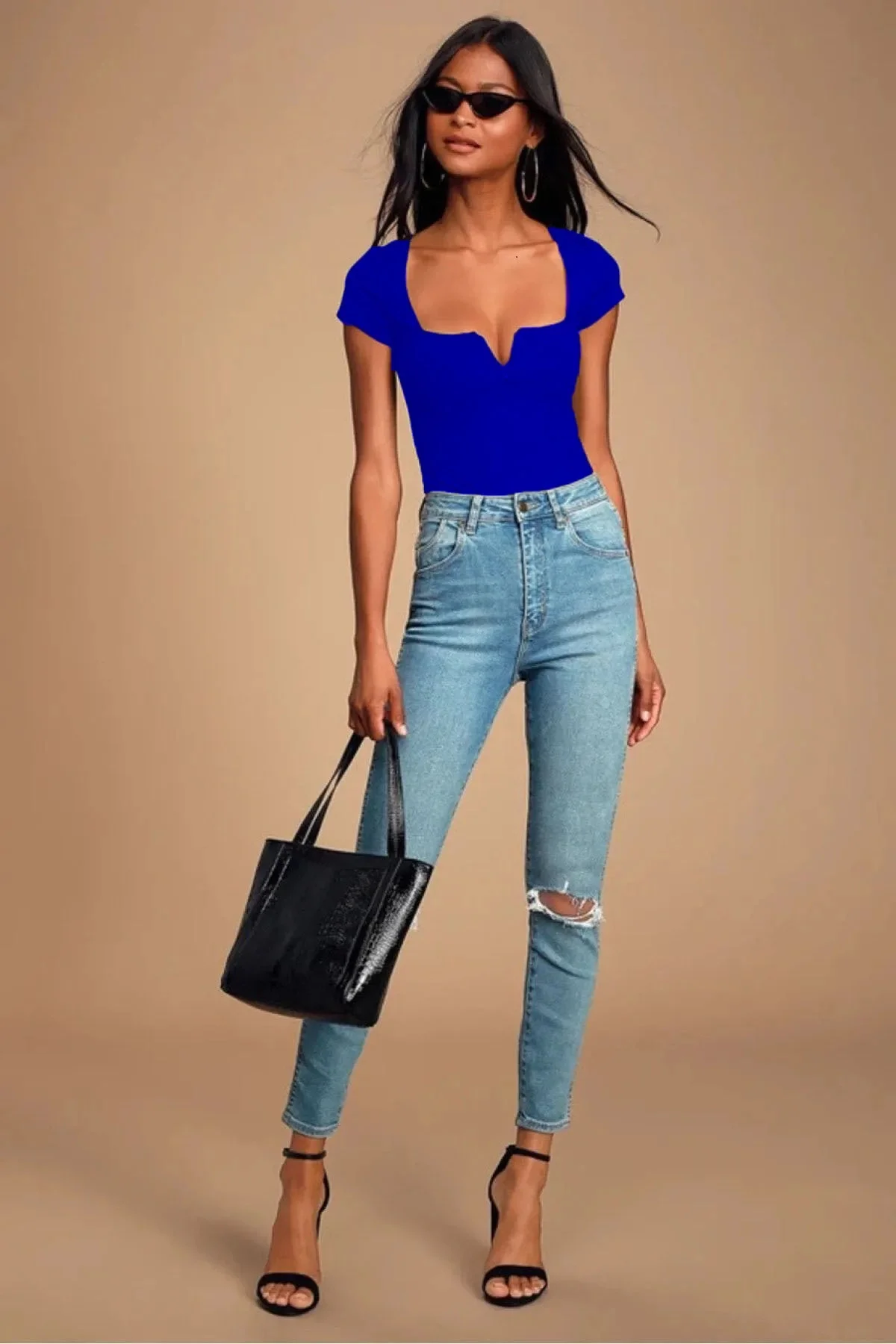 Kadın Mavi V Detaylı Kare Yaka Kısa Kollu Jarse Kumaş Tanga Kesim Bodysuit Zıbın