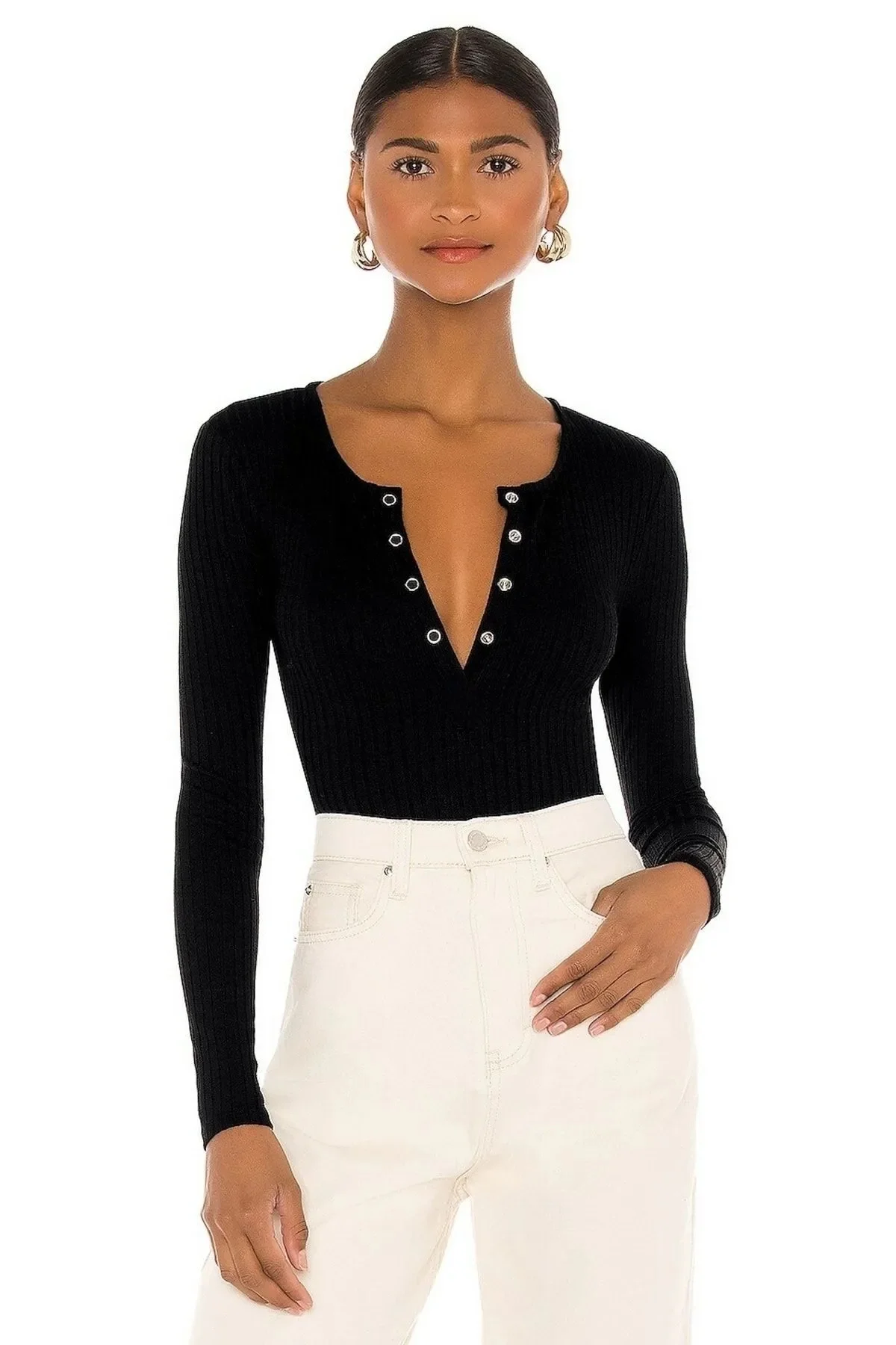 Kadın Siyah Önü Çıt Çıt Kapamalı Çift Kat Ipek Jarse Bodysuit