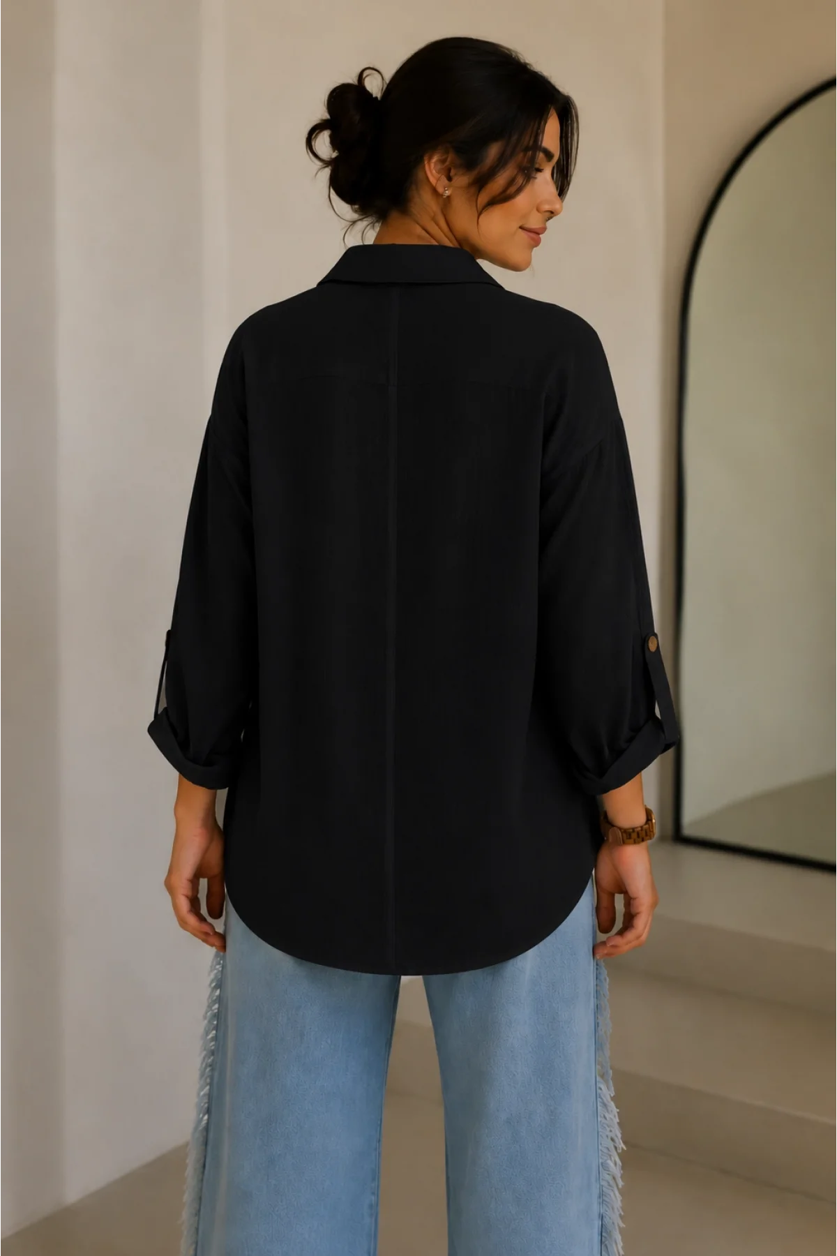 Kadın Siyah Pamuklu Keten Çift Cepli Ahşap Düğme Pinterest Oversize Gömlek