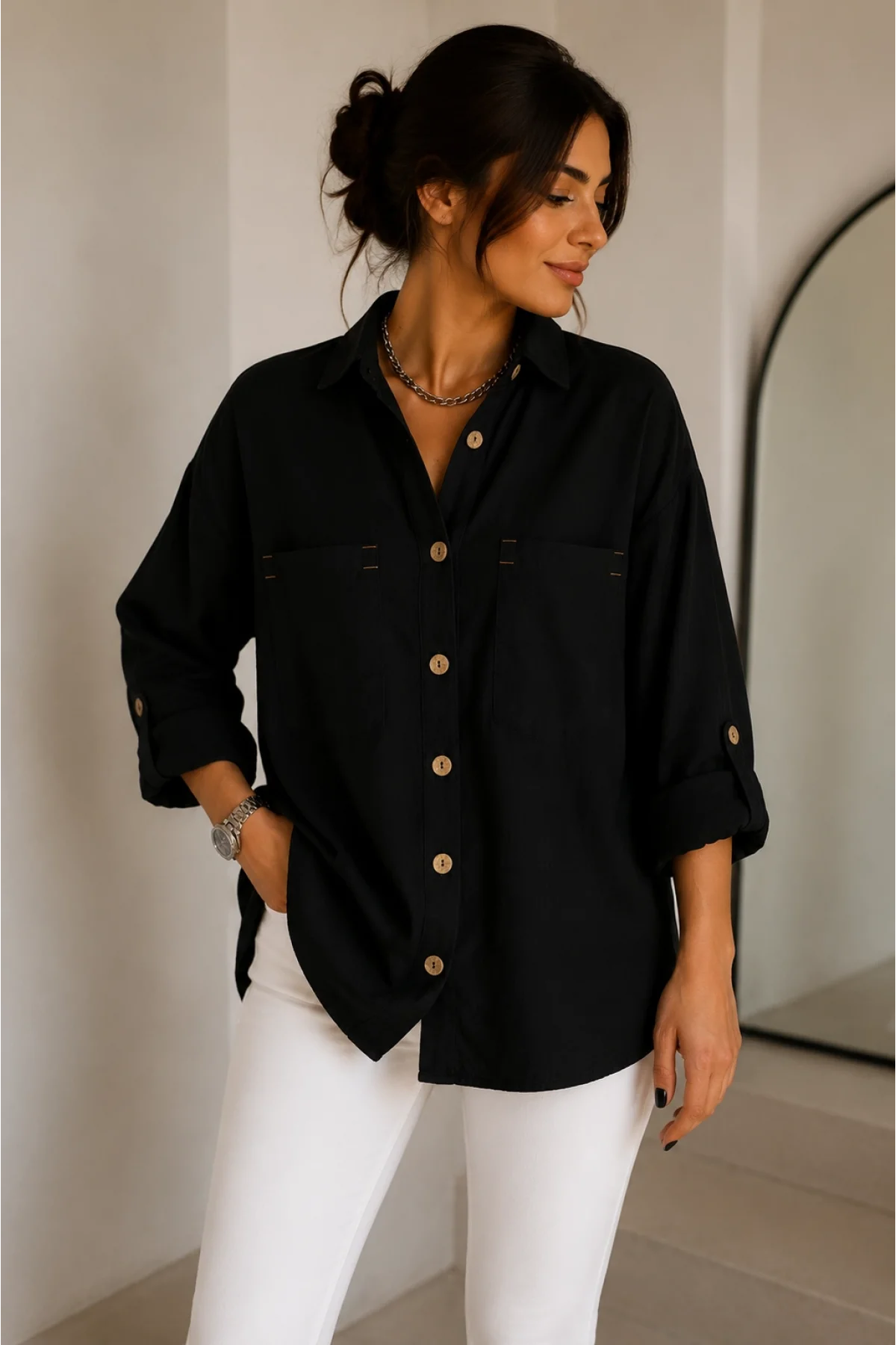 Kadın Siyah Pamuklu Keten Çift Cepli Ahşap Düğme Pinterest Oversize Gömlek