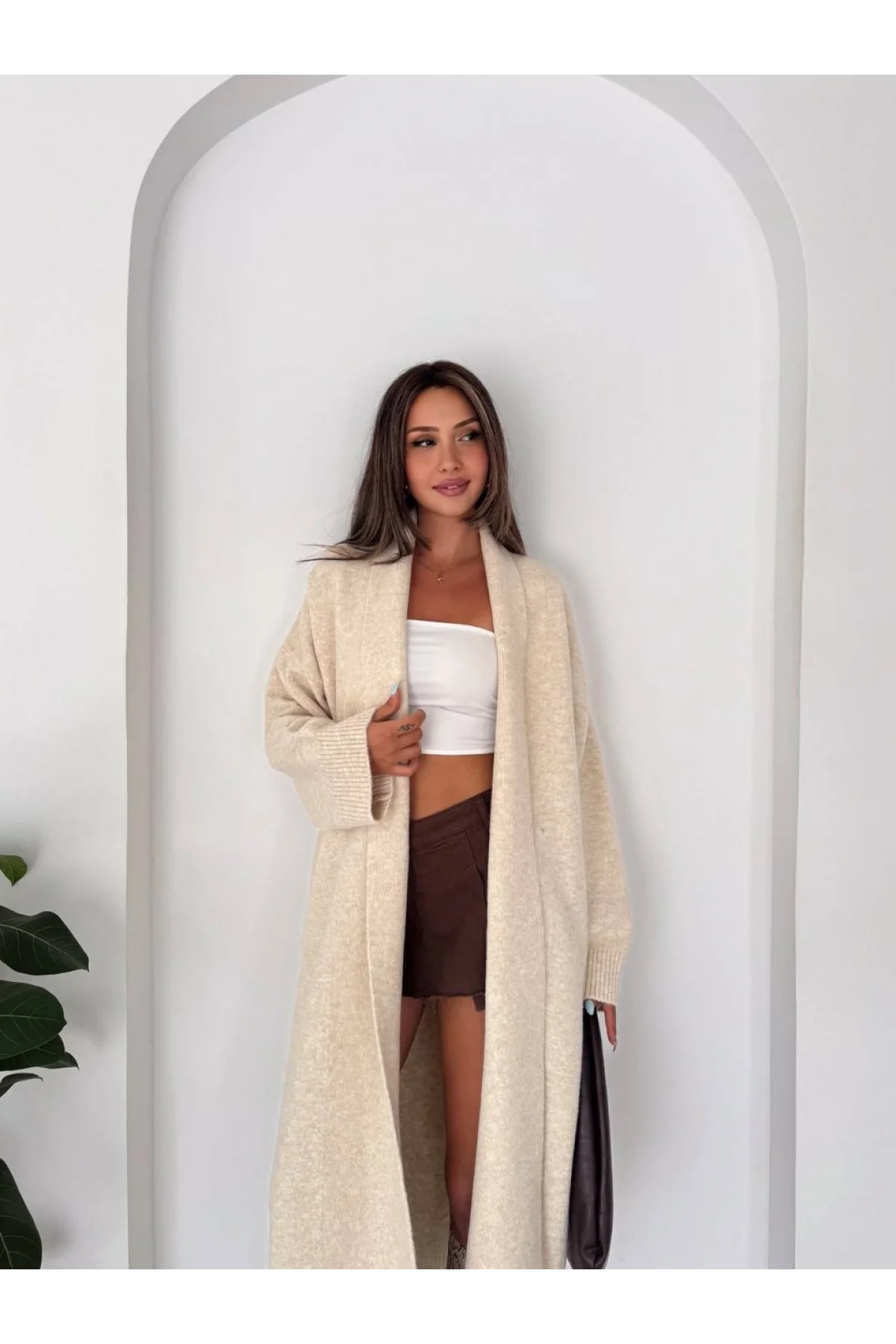 Kadın Bej Pamuklu Uzun Kimono Yaka Oversize Triko Hırka