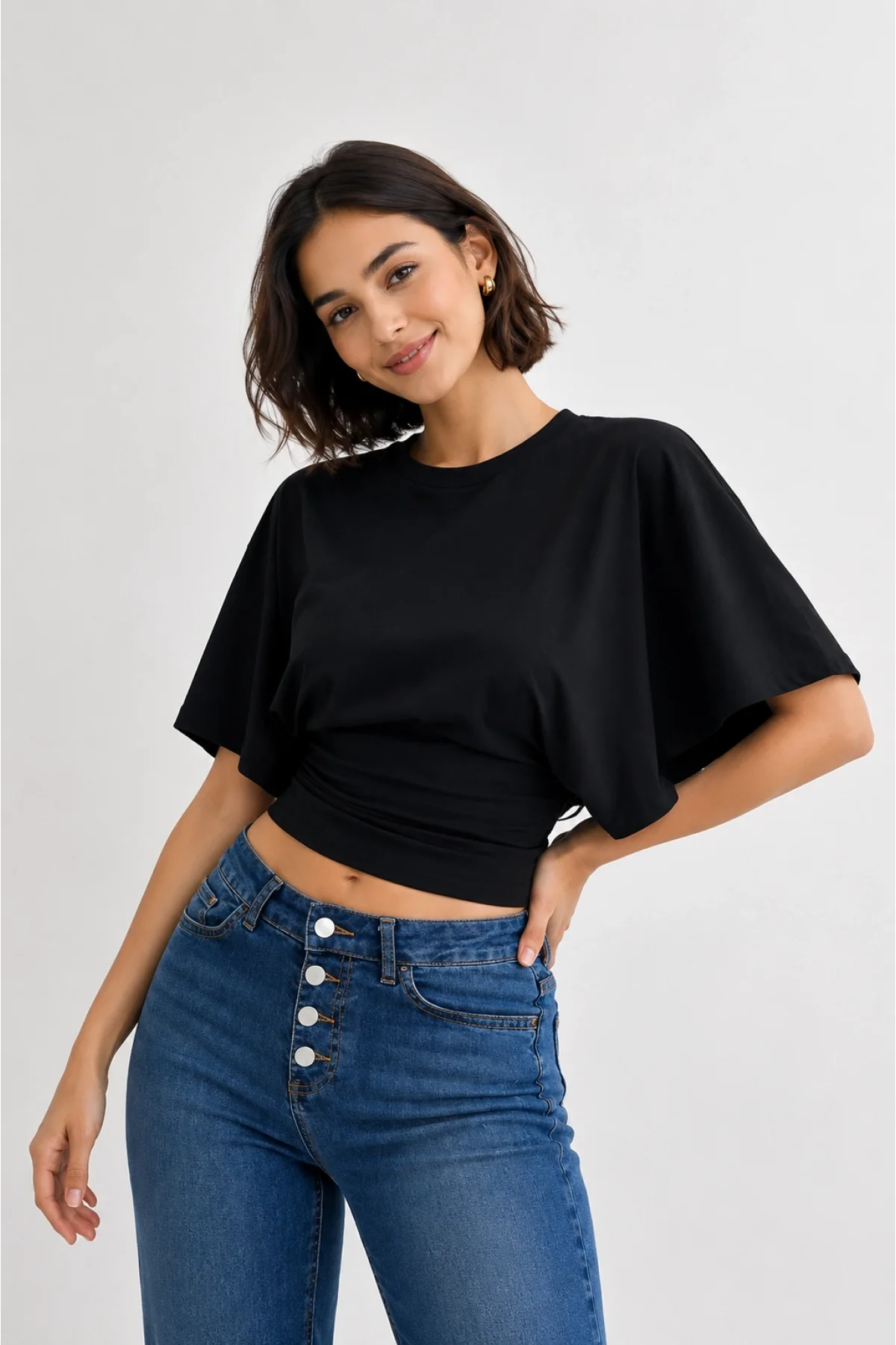 Kadın Siyah Pamuklu Yarasa Kol Beli Oturtmalı Crop Bluz T-Shirt