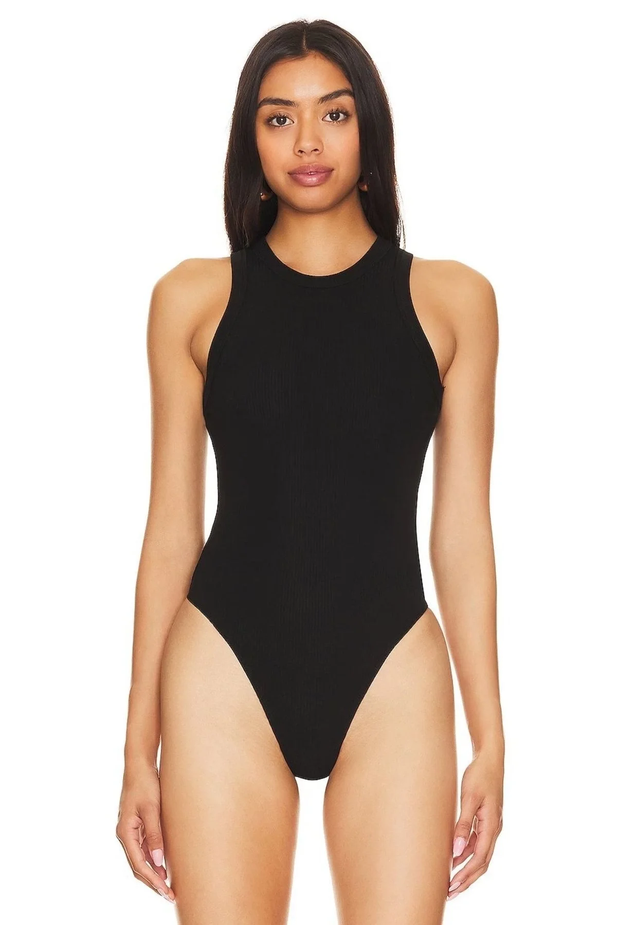 Kadın Siyah Bisiklet Yaka Sıfır Kol Çift Katlı Sandy Kumaş Tanga Bodysuit