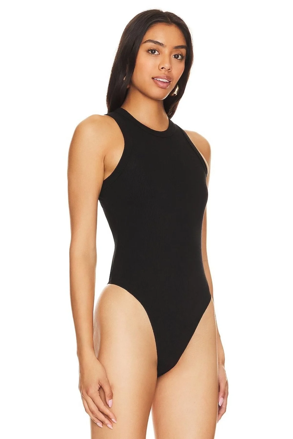 Kadın Siyah Bisiklet Yaka Sıfır Kol Çift Katlı Sandy Kumaş Tanga Bodysuit