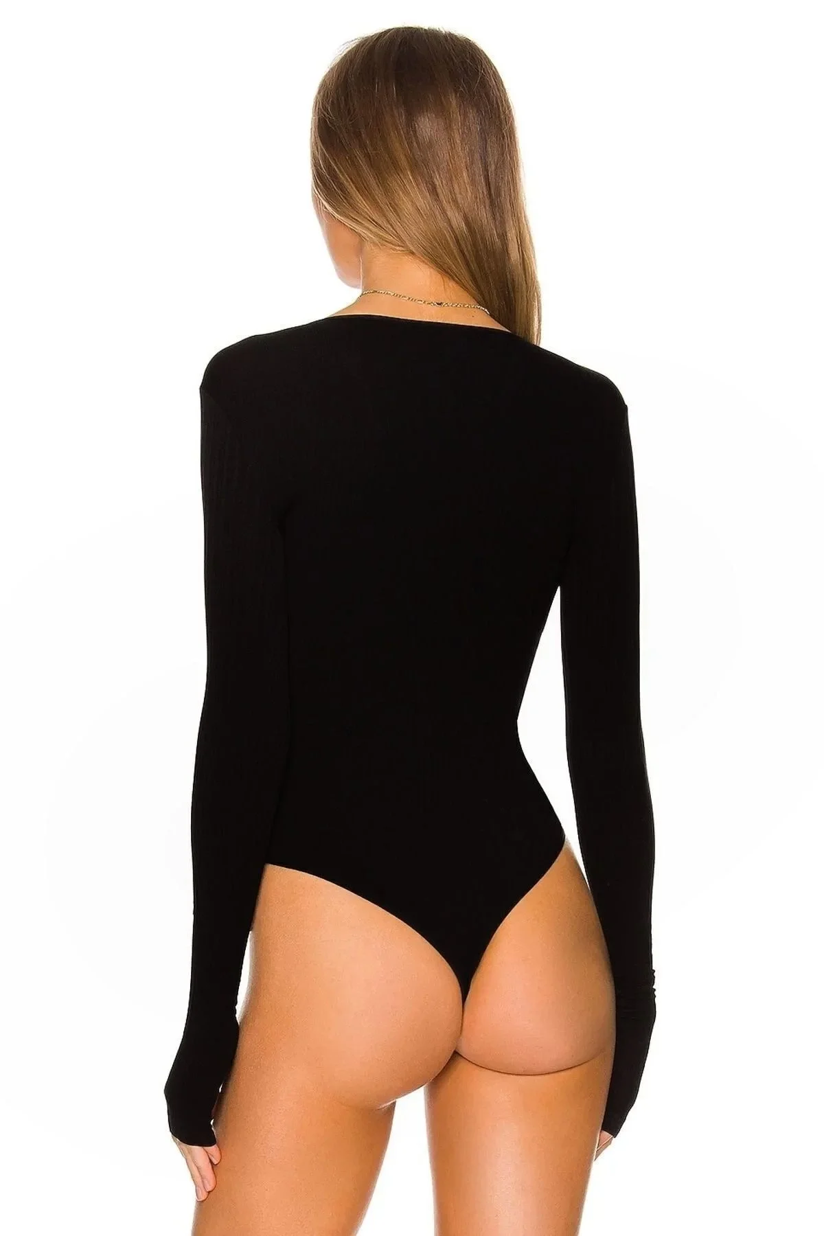 Kadın Siyah Çift Katlı Sandy Kayık Yaka Parmak Geçirmeli Çıtçıtlı Tanga Bodysuit