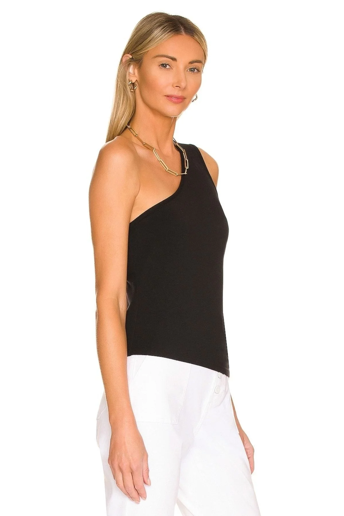 Kadın Siyah Çift Katlı Sandy Kumaş Tek Omuz Asimetrik Kesim Slim Fit Atlet Bluz