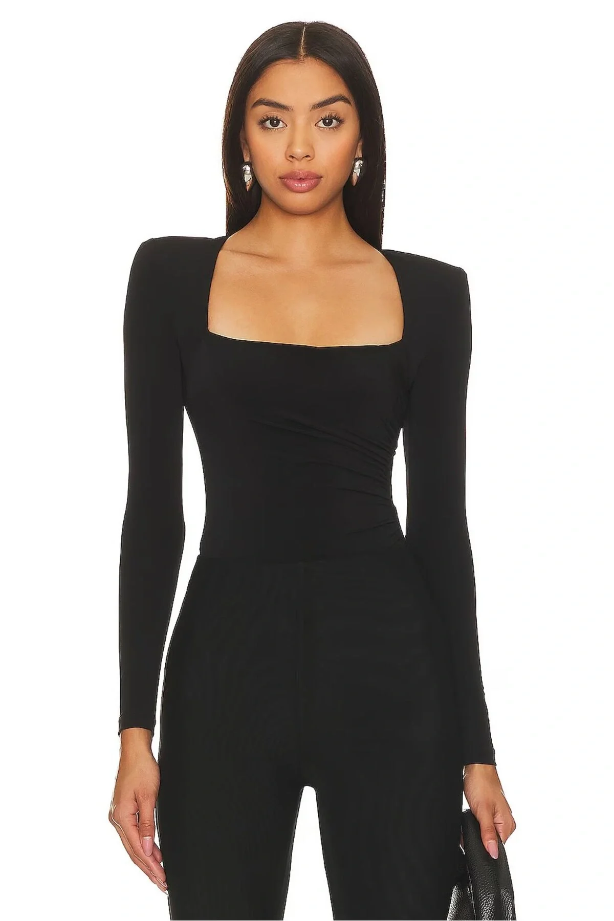 Kadın Siyah Çift Katlı Sandy Kare Yaka Uzun Kol Drapeli Çıtçıtlı Tanga Bodysuit