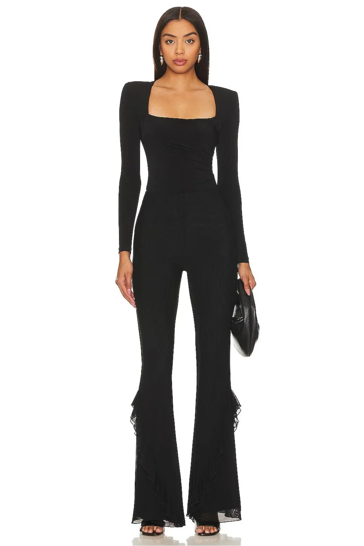 Kadın Siyah Çift Katlı Sandy Kare Yaka Uzun Kol Drapeli Çıtçıtlı Tanga Bodysuit