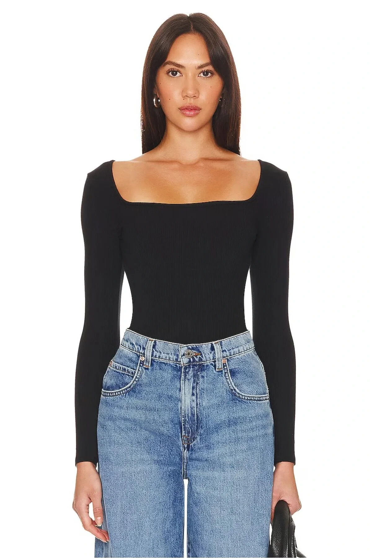 Kadın Siyah Çift Katlı Sandy Kumaş Kare Yaka Uzun Kol Çıtçıtlı Tanga Bodysuit