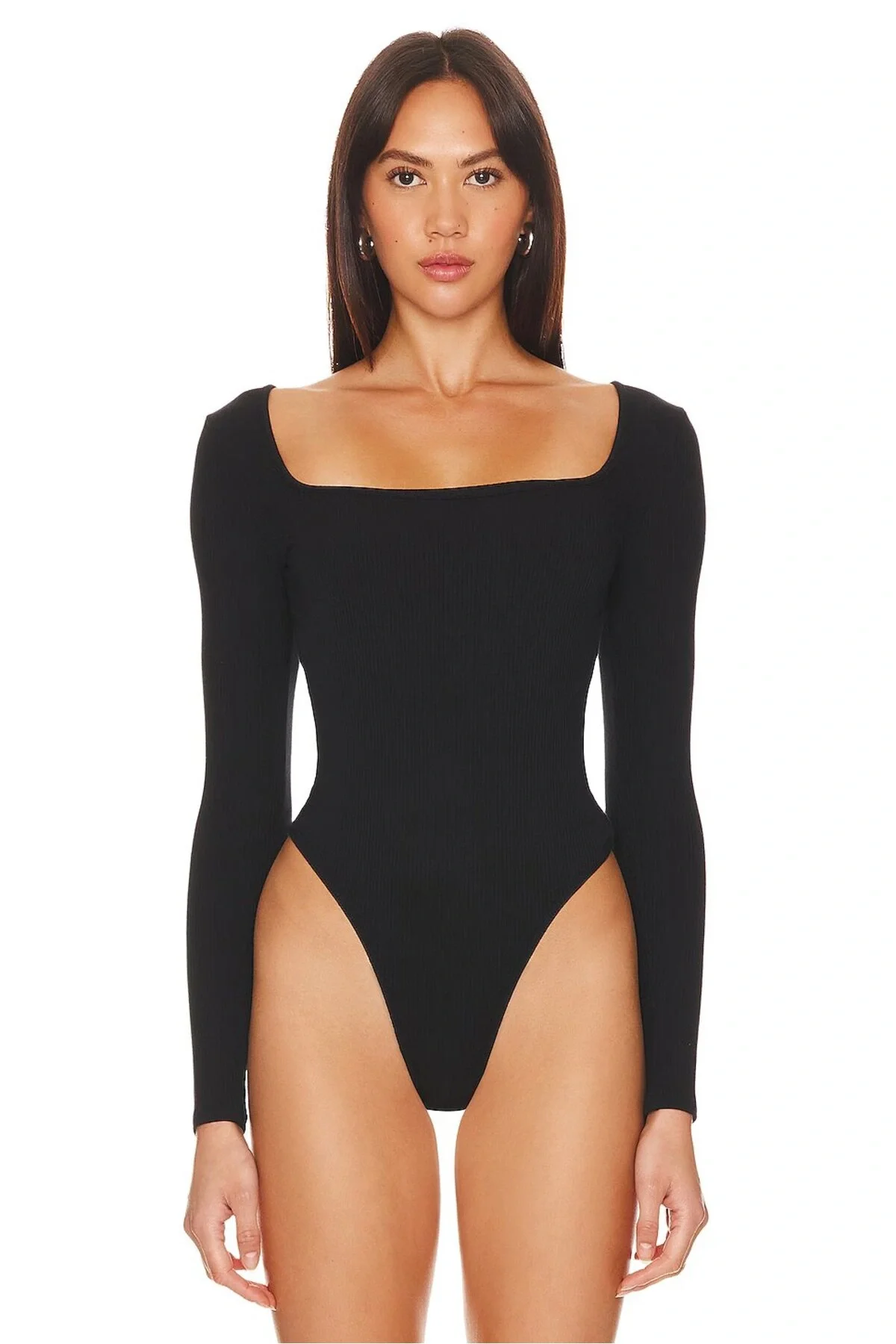 Kadın Siyah Çift Katlı Sandy Kumaş Kare Yaka Uzun Kol Çıtçıtlı Tanga Bodysuit