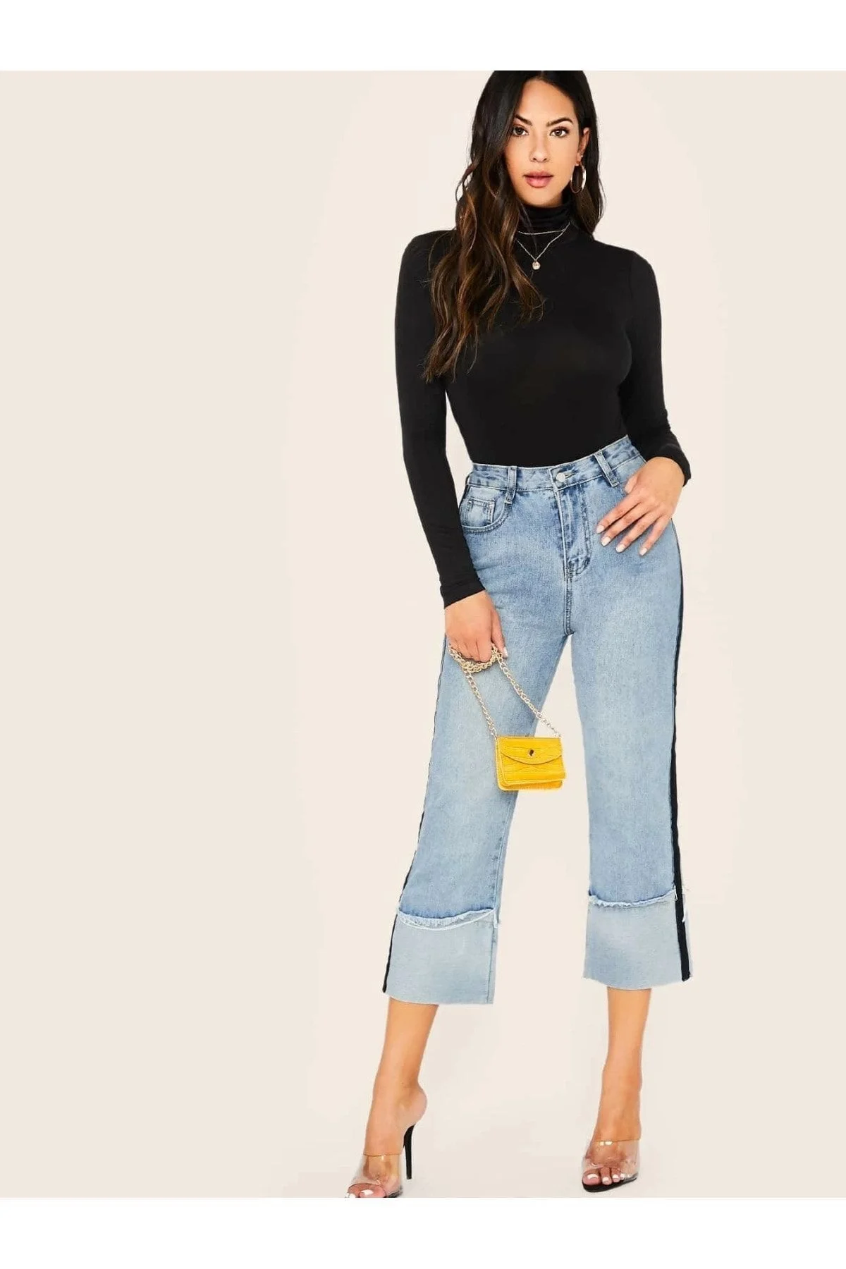 Kadın Siyah Balıkçı Yaka Uzun Kollu Çift Katlı Sandy Kumaş Çıtçıtlı Bodysuit