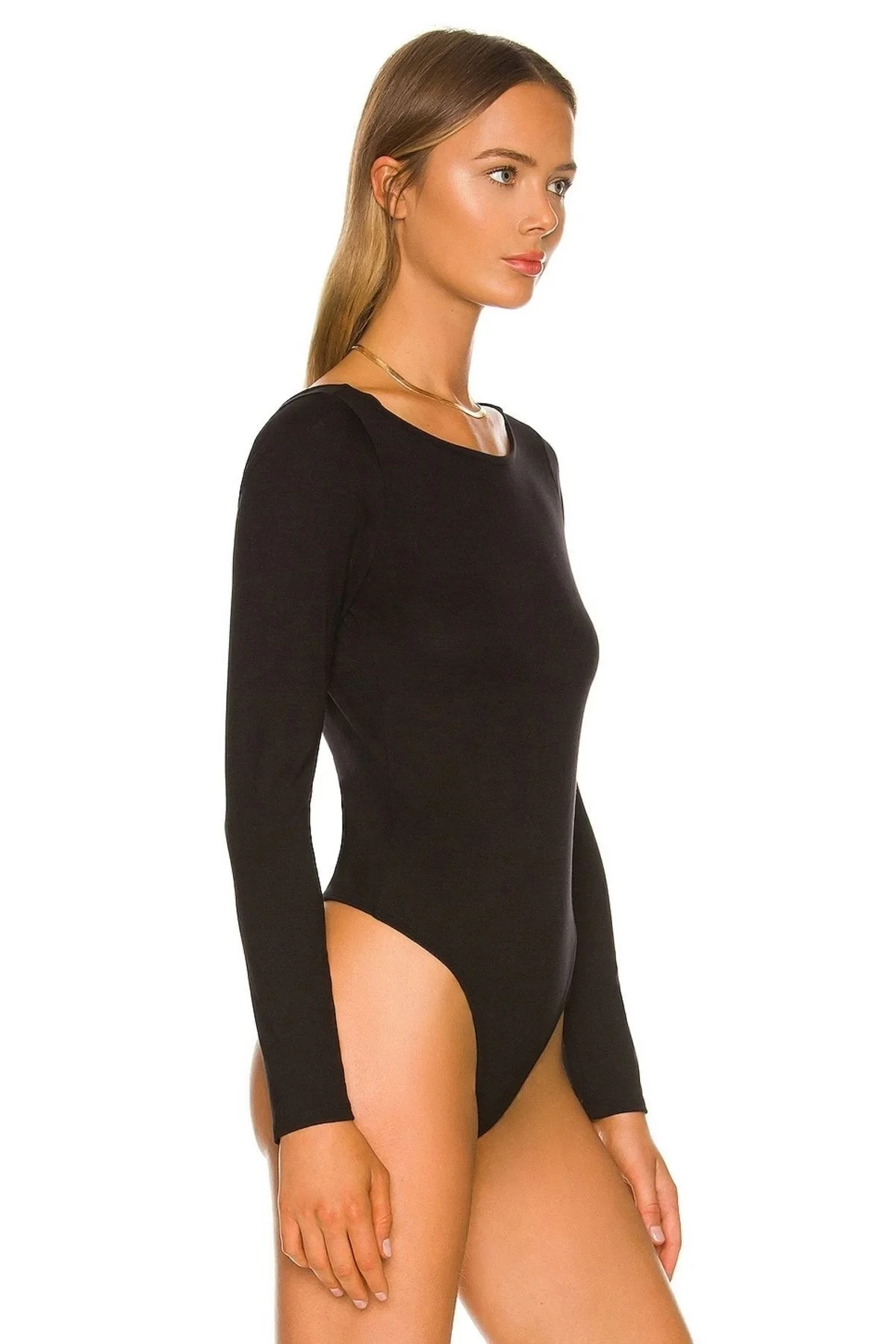 Kadın Siyah Bisiklet Yaka Sırt Dekolteli Çift Katlı Tanga Bodysuit