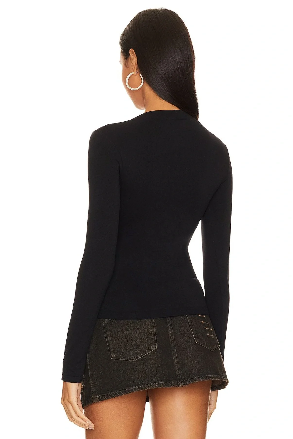 Kadın Siyah Uzun Kol Oval Yaka Çift Kat İpek Jarse Crop Top