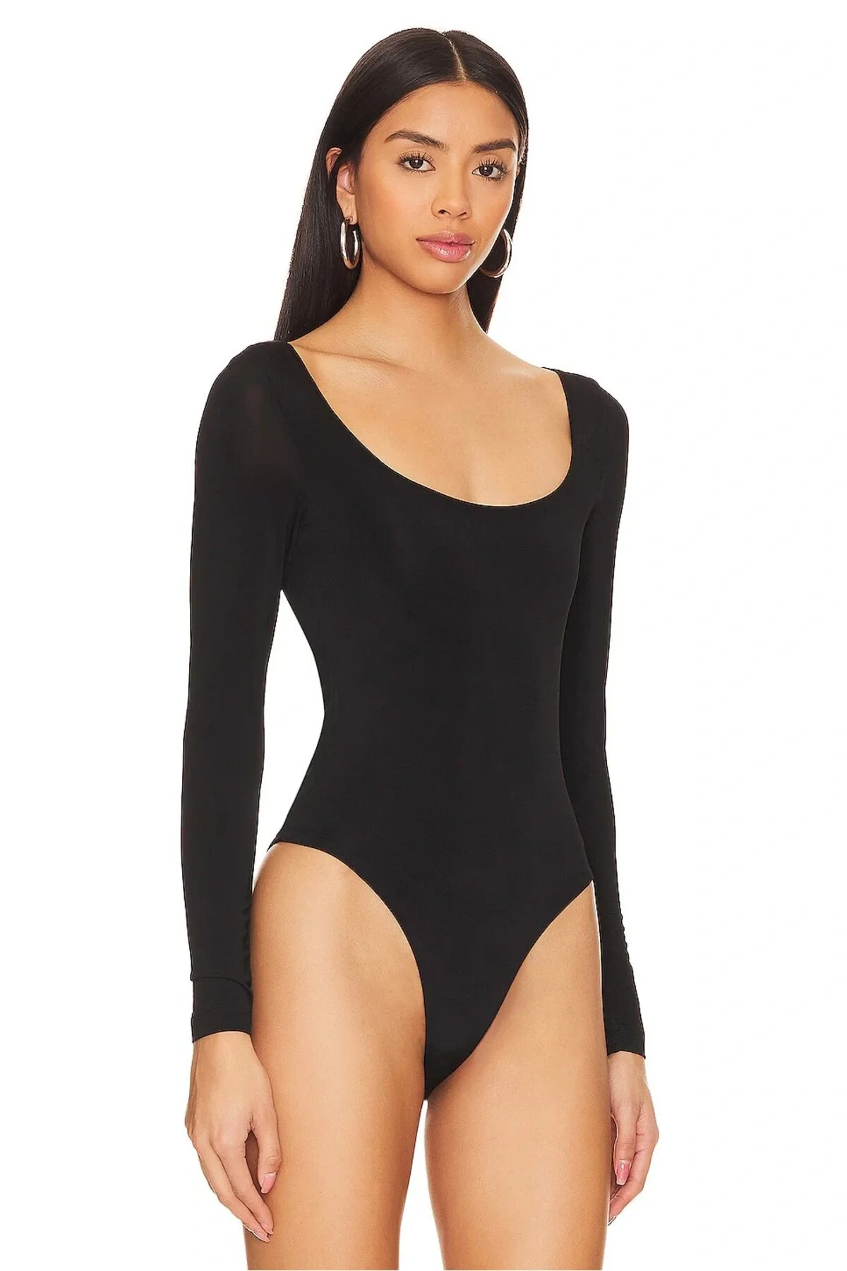 Kadın Siyah Çift Katlı Sandy Kumaş U Yaka Uzun Kol Çıtçıtlı Tanga Bodysuit