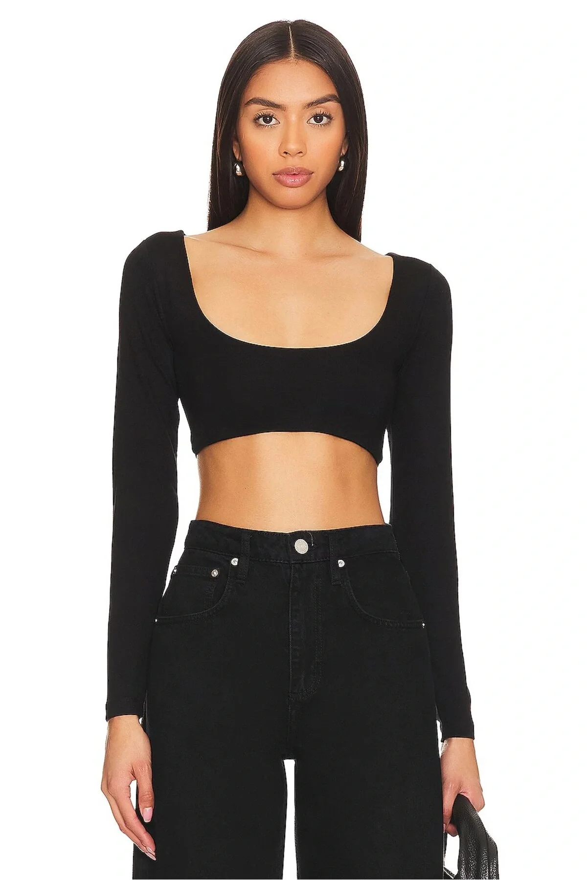 Kadın Siyah Uzun Kol U Yaka Çift Kat İpek Jarse Crop Top